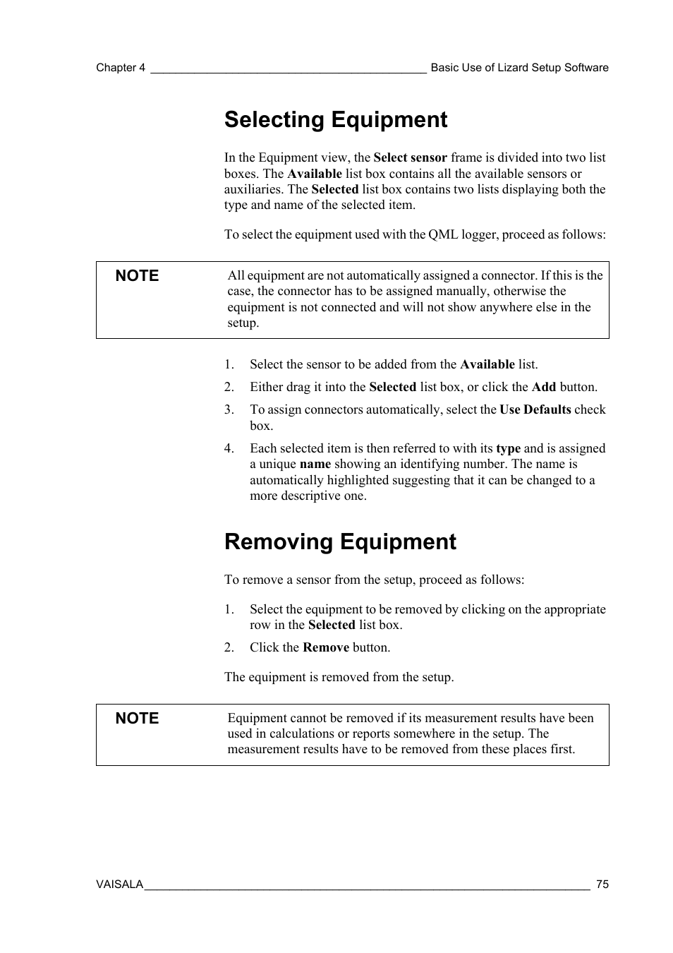 Selecting equipment, Removing equipment, Selecting equipment removing equipment | Vaisala Hydromet Data Collection Platform User Manual | Page 77 / 218