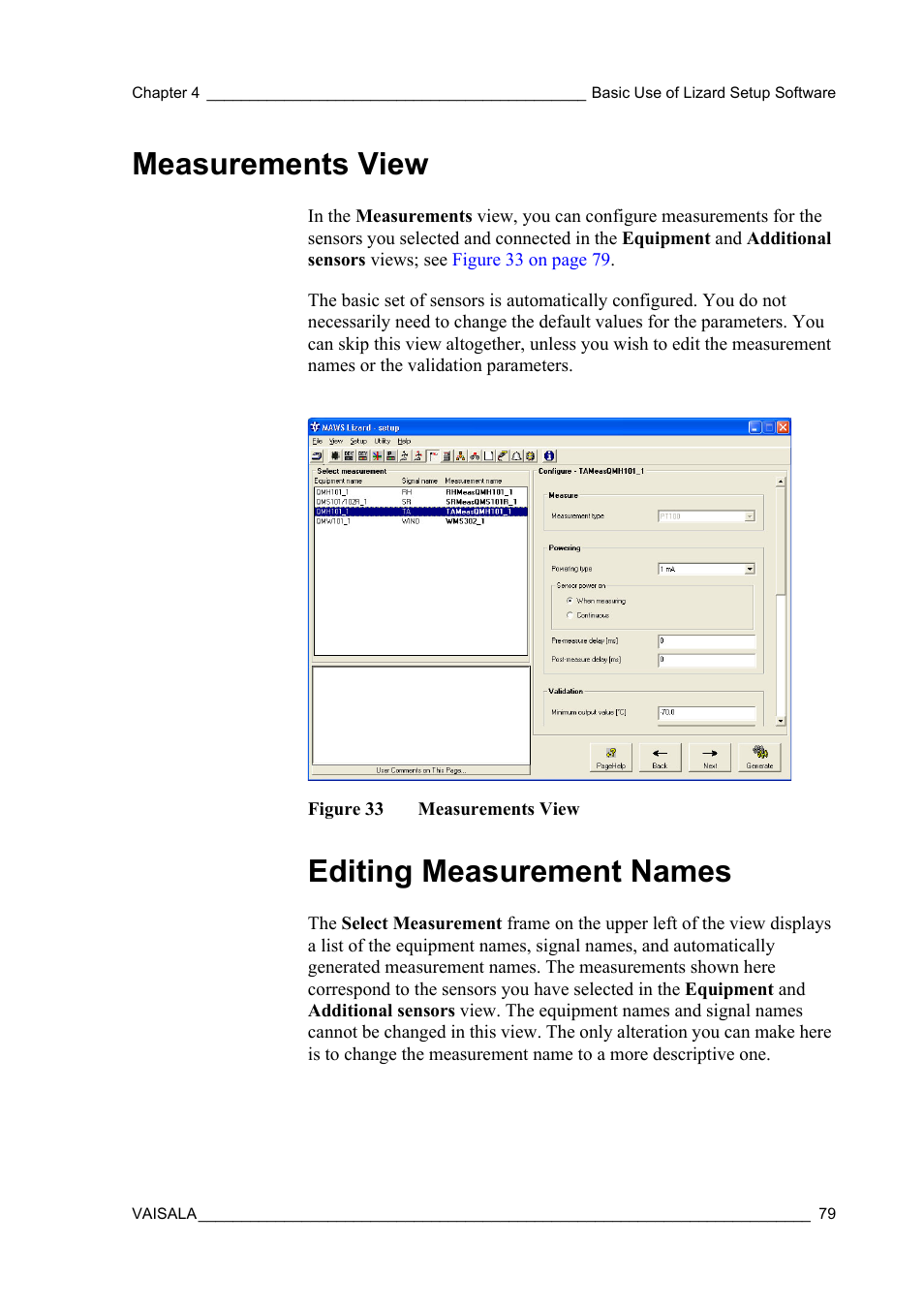Measurements view, Editing measurement names, Figure 33 | Vaisala Hydromet Data Collection Platform User Manual | Page 81 / 218