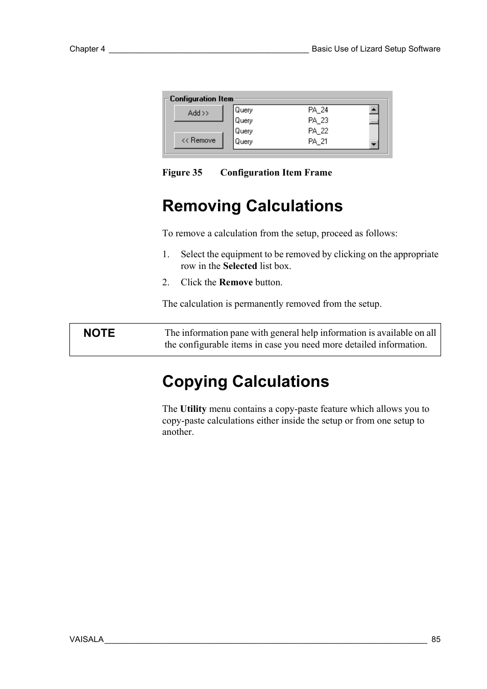 Removing calculations, Copying calculations, Removing calculations copying calculations | Figure 35, Configuration item frame, Further discussed in sections, Frame as shown in, Figure 35 on | Vaisala Hydromet Data Collection Platform User Manual | Page 87 / 218