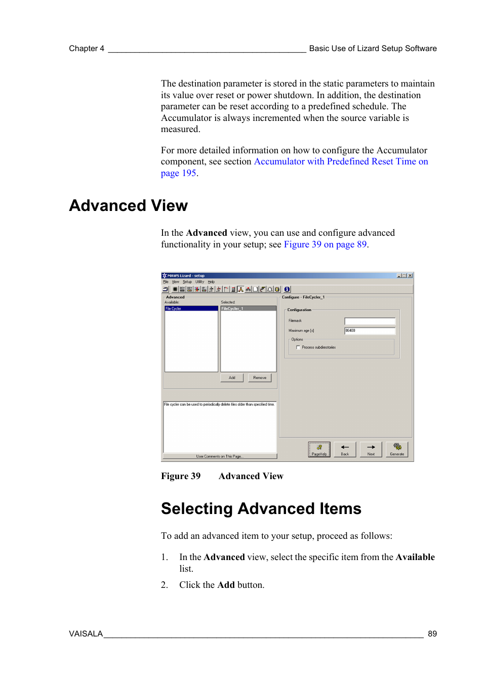 Advanced view, Selecting advanced items, Figure 39 | Vaisala Hydromet Data Collection Platform User Manual | Page 91 / 218