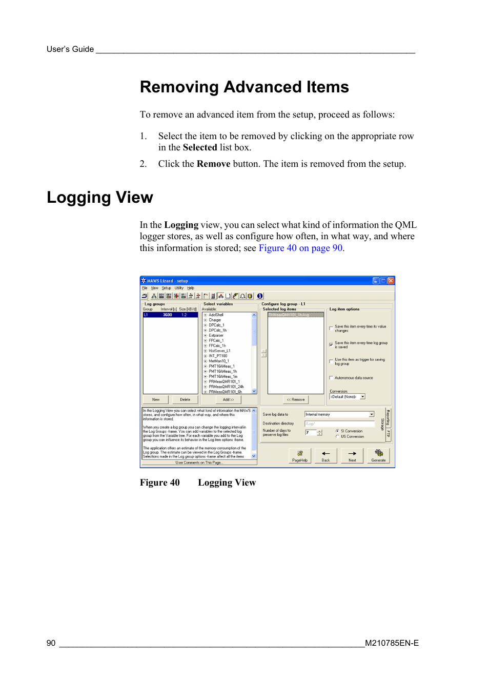 Removing advanced items, Logging view, Figure 40 | Vaisala Hydromet Data Collection Platform User Manual | Page 92 / 218