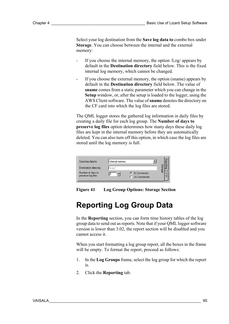 Reporting log group data, Figure 41, Log group options: storage section | Vaisala Hydromet Data Collection Platform User Manual | Page 97 / 218