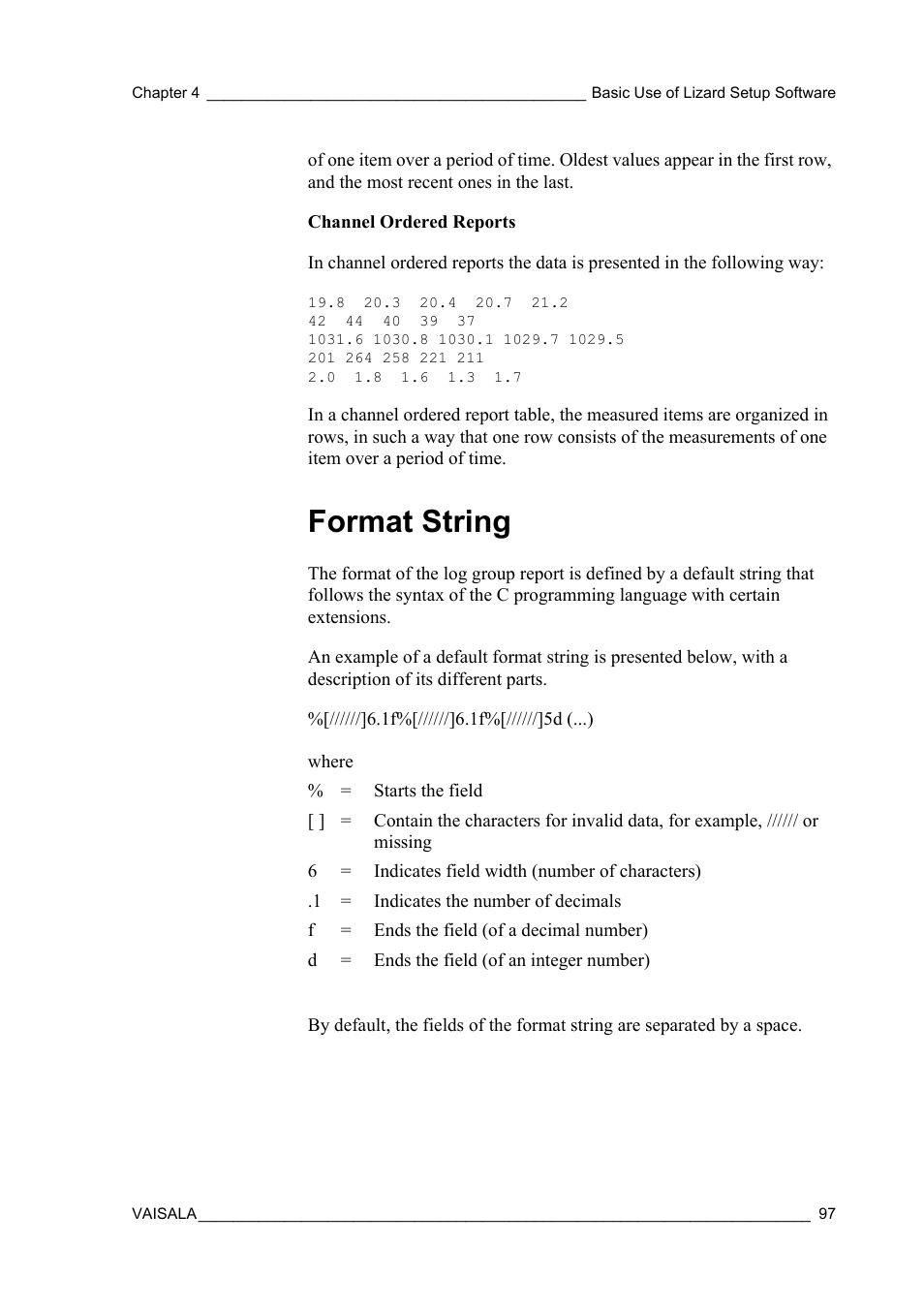 Format string, Is described in section, Format | Vaisala Hydromet Data Collection Platform User Manual | Page 99 / 218