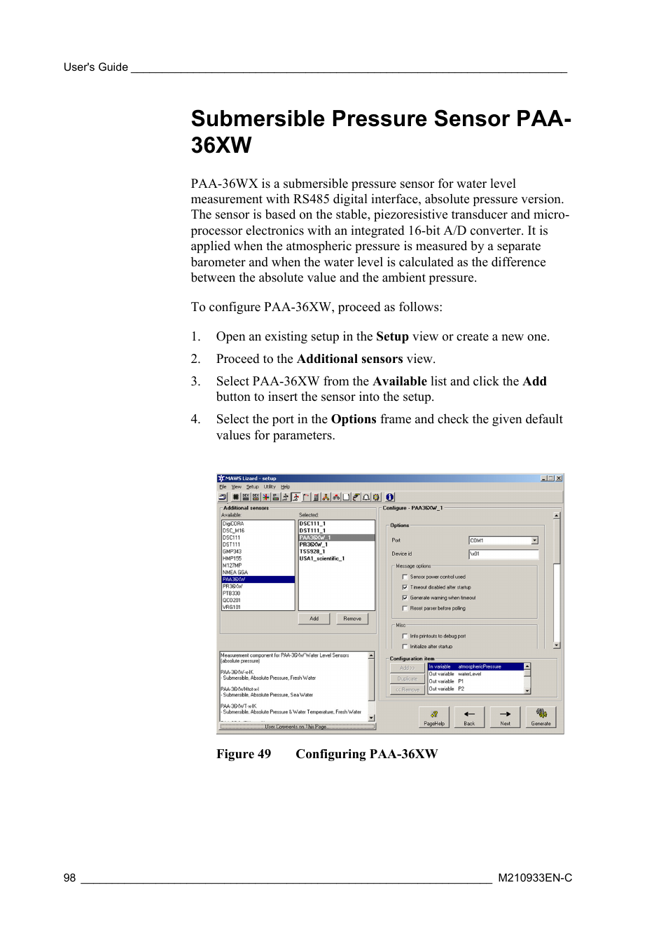 Submersible pressure sensor paa- 36xw, Submersible pressure sensor paa-36xw, Figure 49 | Configuring paa-36xw | Vaisala Hydromet Data Collection Platform User Manual | Page 100 / 384