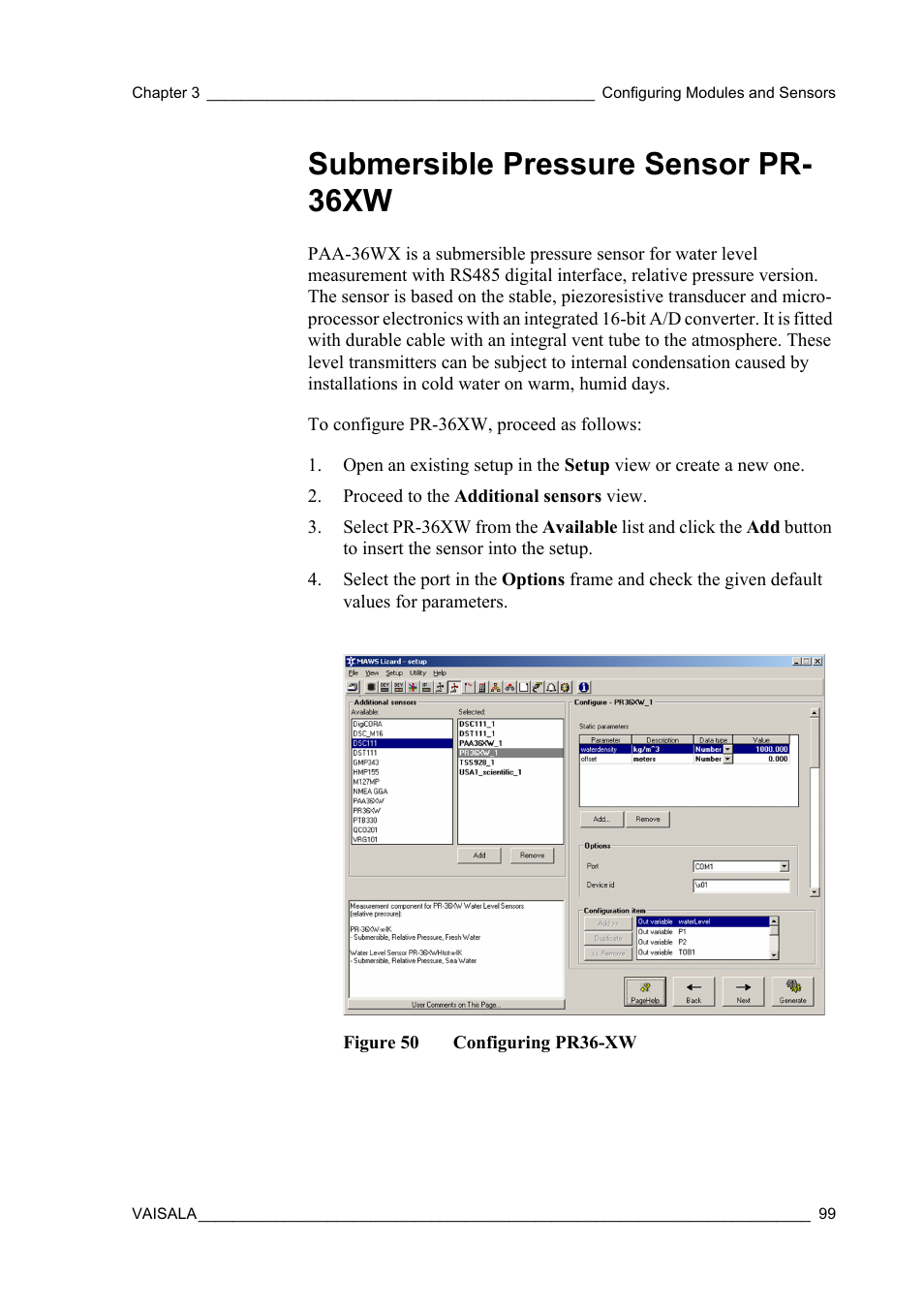 Submersible pressure sensor pr- 36xw, Submersible pressure sensor pr-36xw, Figure 50 | Configuring pr36-xw | Vaisala Hydromet Data Collection Platform User Manual | Page 101 / 384