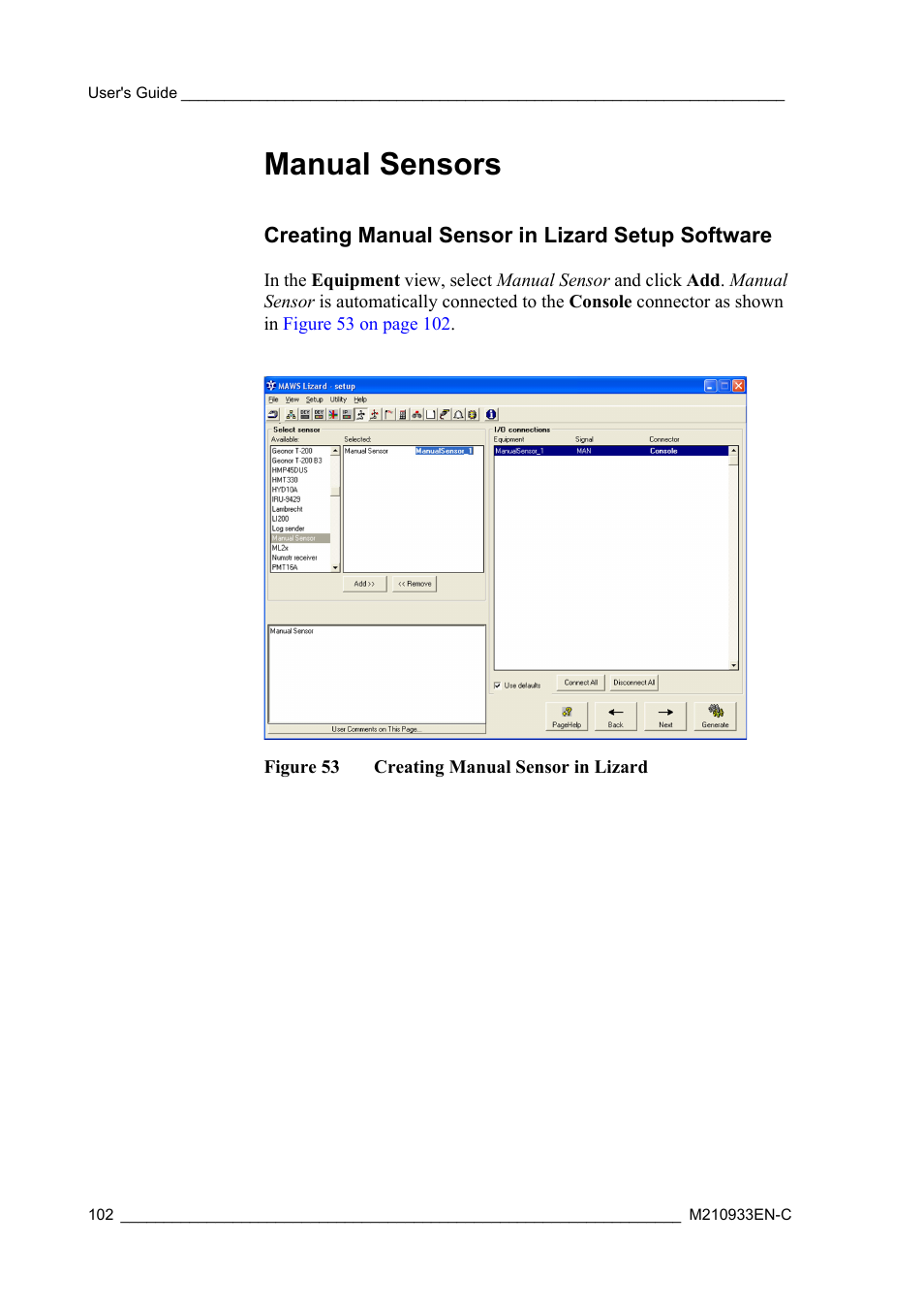 Manual sensors, Creating manual sensor in lizard setup software, Figure 53 | Creating manual sensor in lizard | Vaisala Hydromet Data Collection Platform User Manual | Page 104 / 384