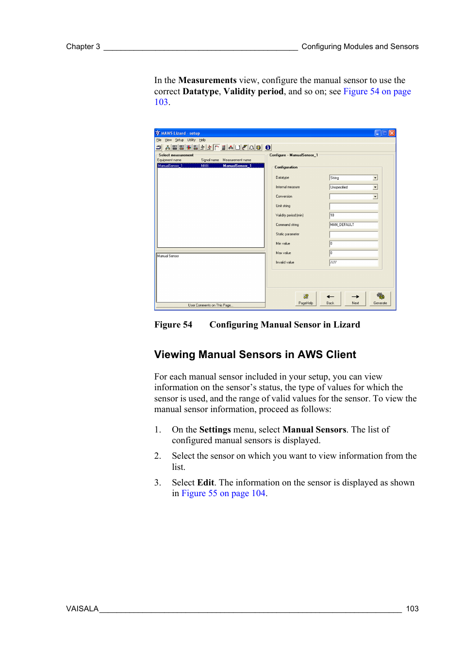 Viewing manual sensors in aws client, Figure 54, Configuring manual sensor in lizard | Vaisala Hydromet Data Collection Platform User Manual | Page 105 / 384