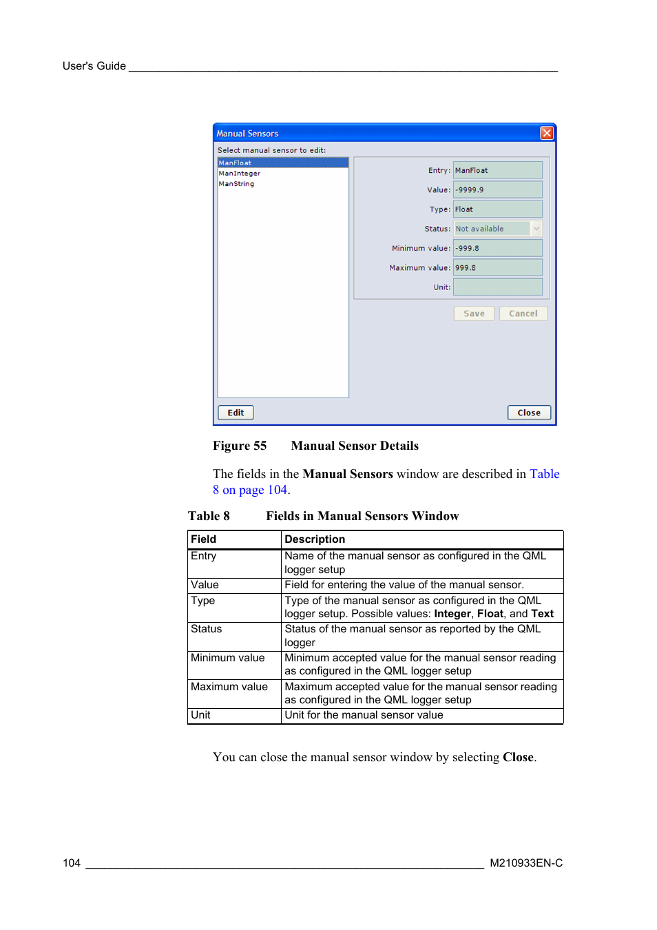 Figure 55, Manual sensor details, Table 8 | Fields in manual sensors window | Vaisala Hydromet Data Collection Platform User Manual | Page 106 / 384