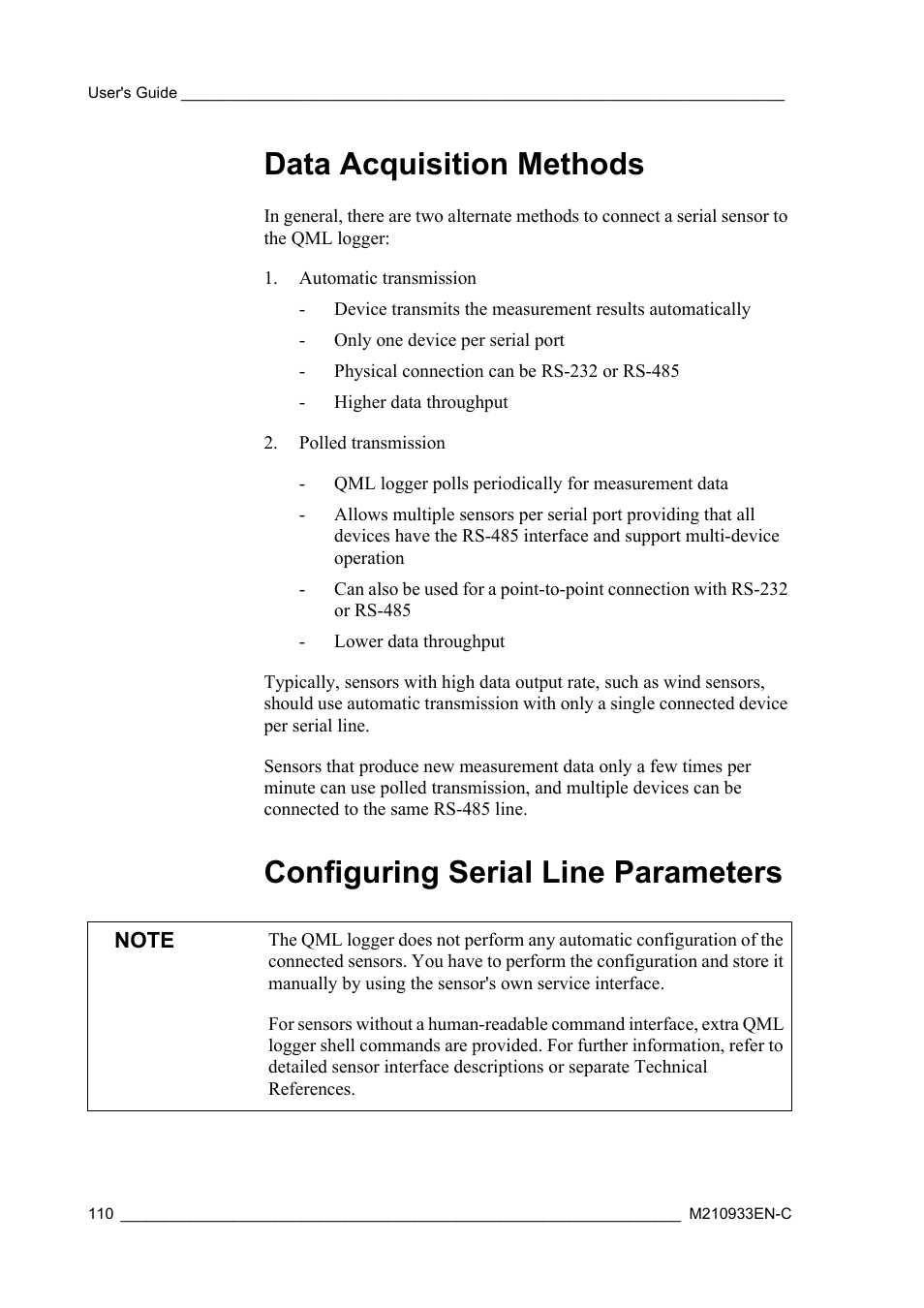 Data acquisition methods, Configuring serial line parameters | Vaisala Hydromet Data Collection Platform User Manual | Page 112 / 384