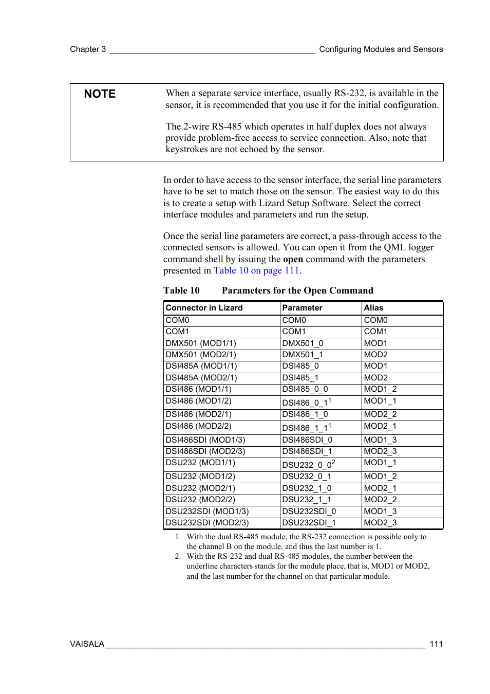 Table 10, Parameters for the open command | Vaisala Hydromet Data Collection Platform User Manual | Page 113 / 384