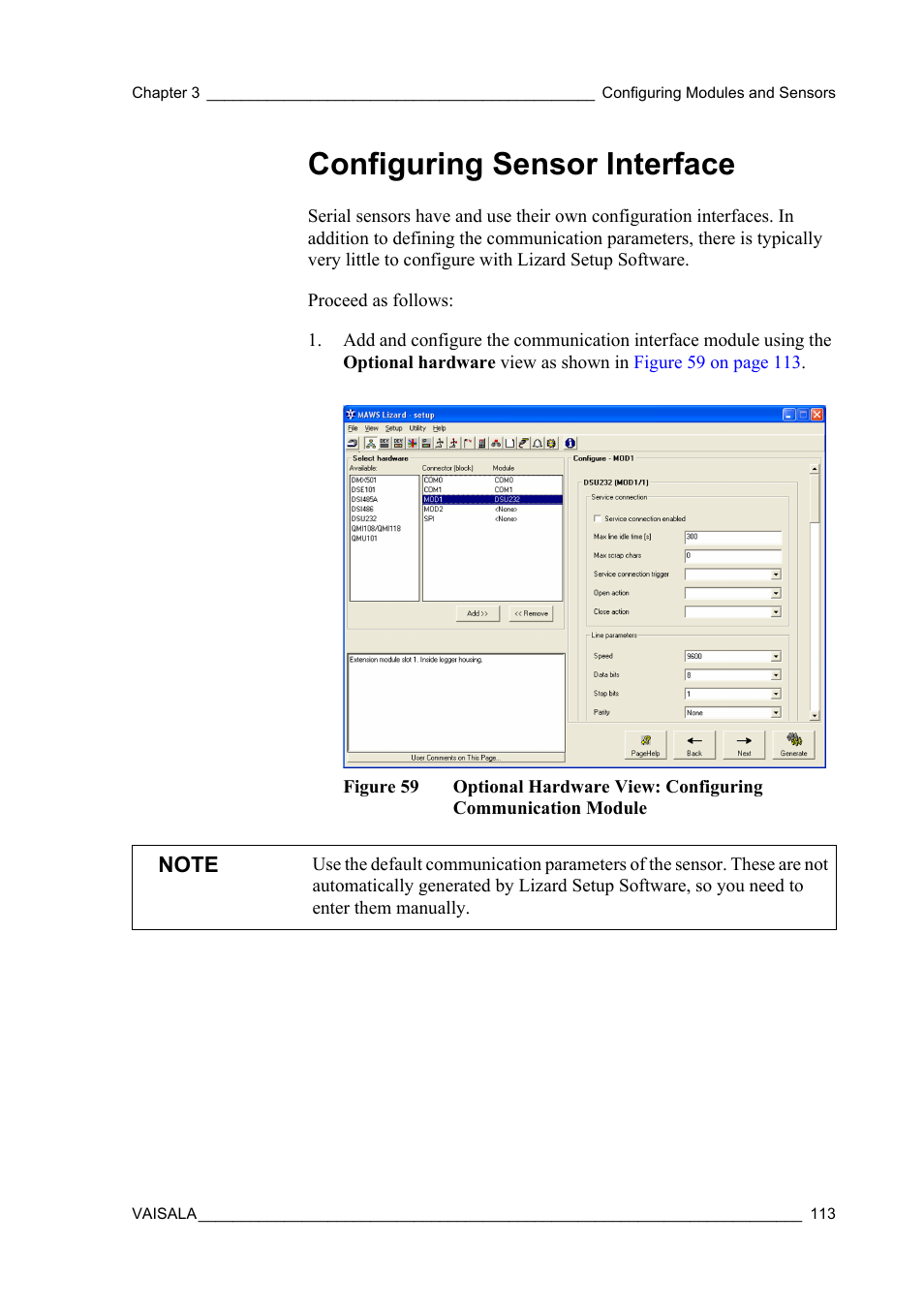 Configuring sensor interface, Figure 59 | Vaisala Hydromet Data Collection Platform User Manual | Page 115 / 384