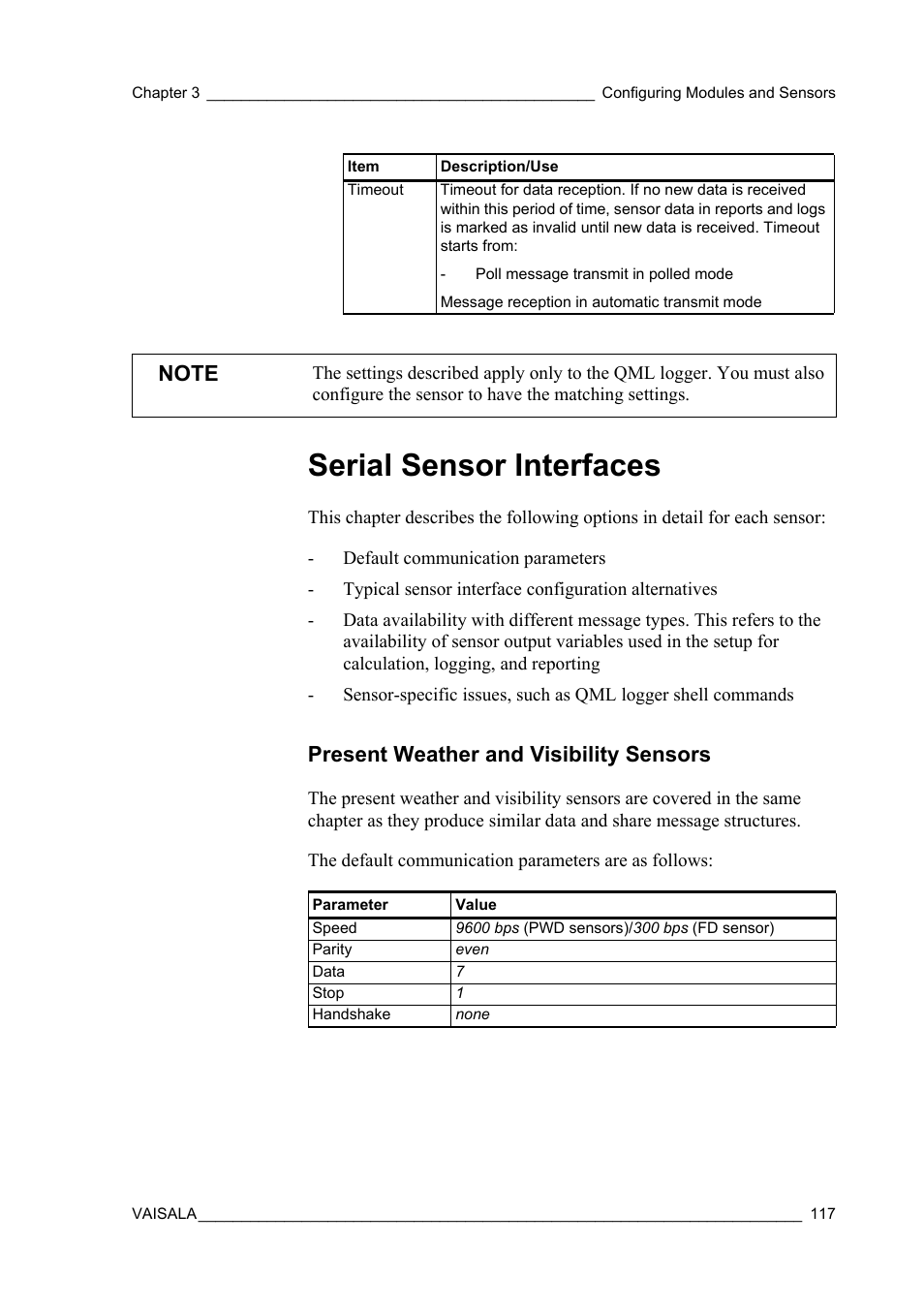 Serial sensor interfaces, Present weather and visibility sensors | Vaisala Hydromet Data Collection Platform User Manual | Page 119 / 384