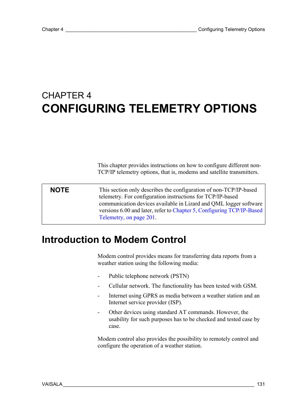 Chapter 4 configuring telemetry options, Introduction to modem control, Chapter 4 | Chapter 4, configuring telemetry options, on, Configuring telemetry options | Vaisala Hydromet Data Collection Platform User Manual | Page 133 / 384