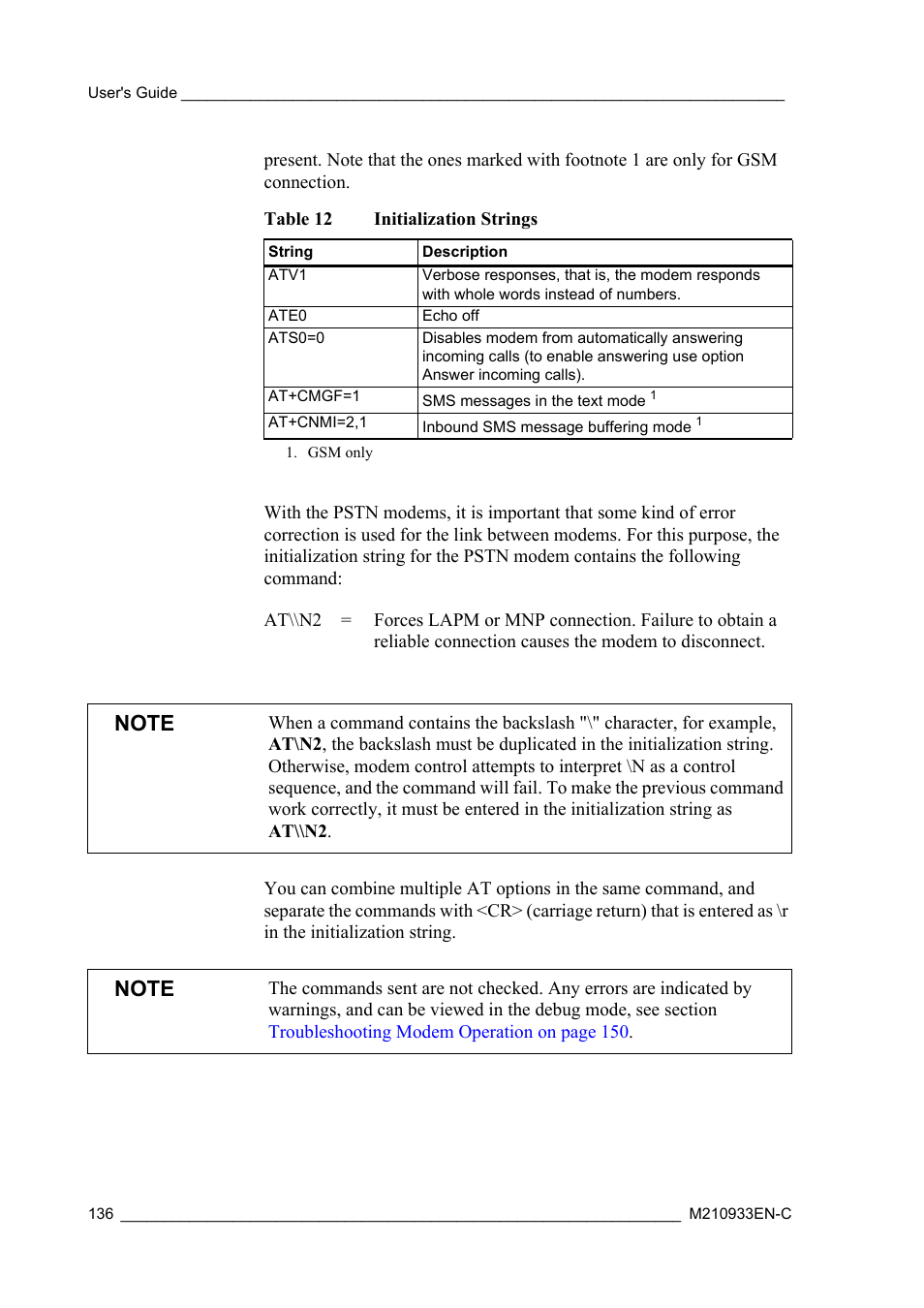Table 12, Initialization strings | Vaisala Hydromet Data Collection Platform User Manual | Page 138 / 384