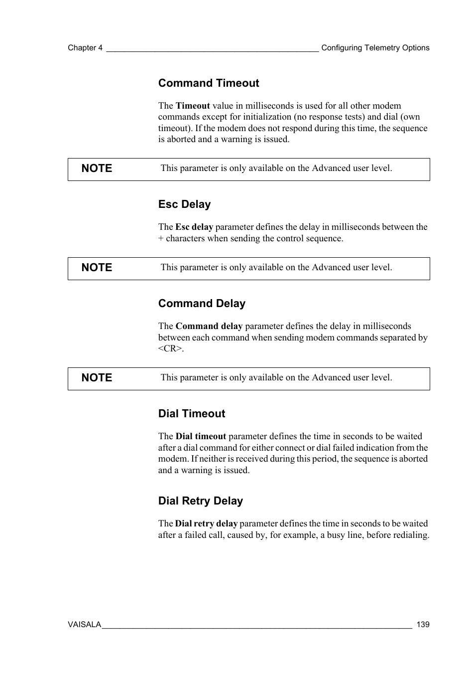 Command timeout, Esc delay, Command delay | Dial timeout, Dial retry delay | Vaisala Hydromet Data Collection Platform User Manual | Page 141 / 384