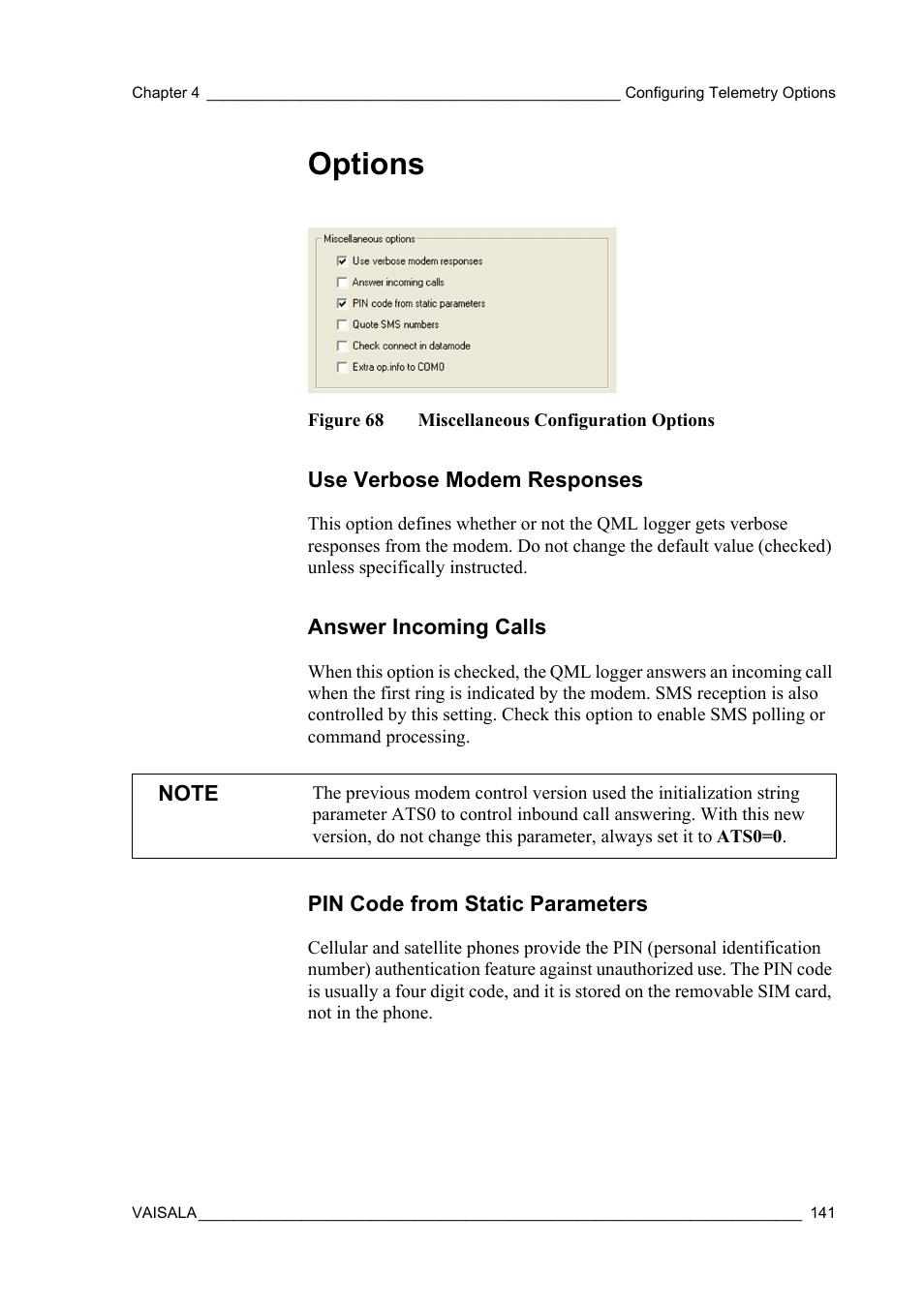 Options, Use verbose modem responses, Answer incoming calls | Pin code from static parameters, Figure 68, Miscellaneous configuration options | Vaisala Hydromet Data Collection Platform User Manual | Page 143 / 384