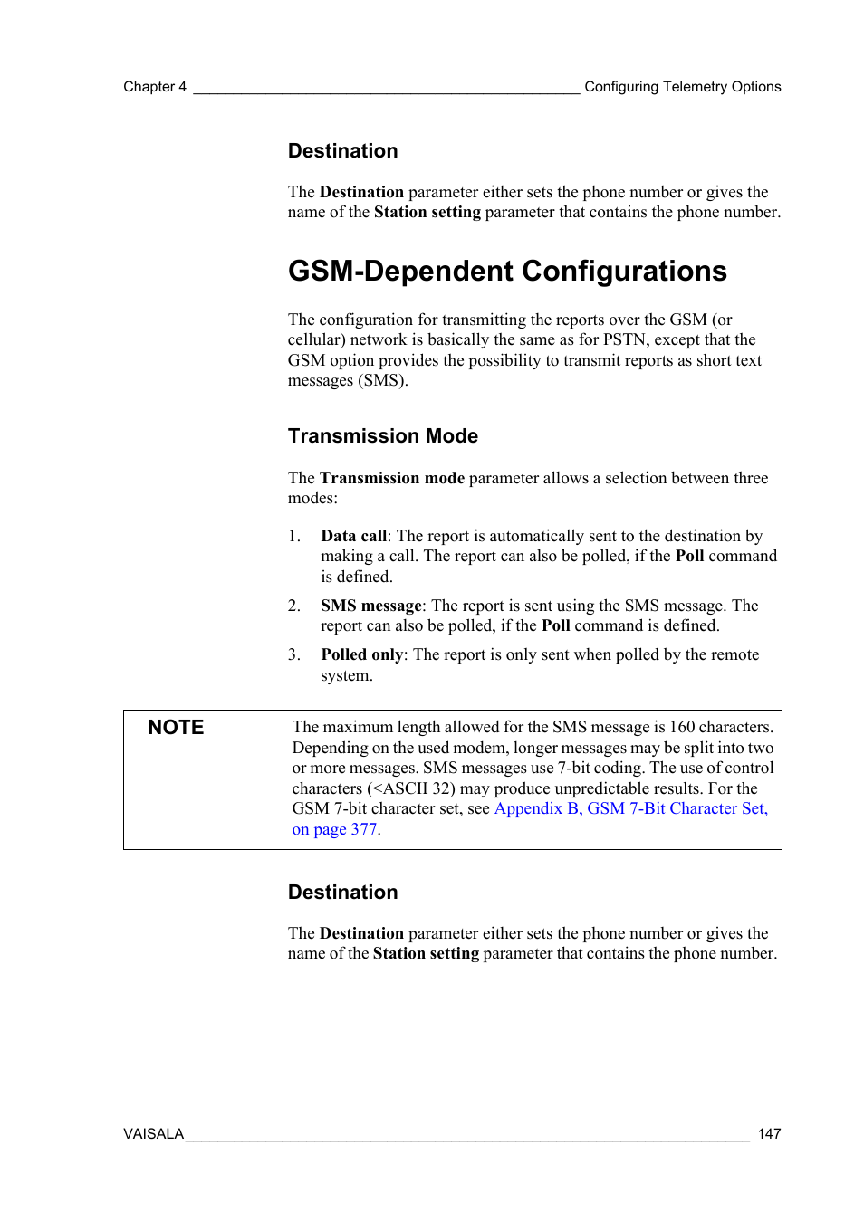 Destination, Gsm-dependent configurations, Transmission mode | Transmission mode destination | Vaisala Hydromet Data Collection Platform User Manual | Page 149 / 384