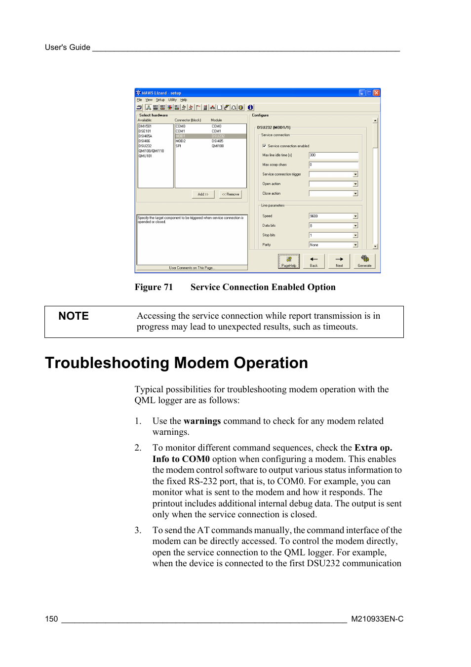 Troubleshooting modem operation, Figure 71, Service connection enabled option | Vaisala Hydromet Data Collection Platform User Manual | Page 152 / 384