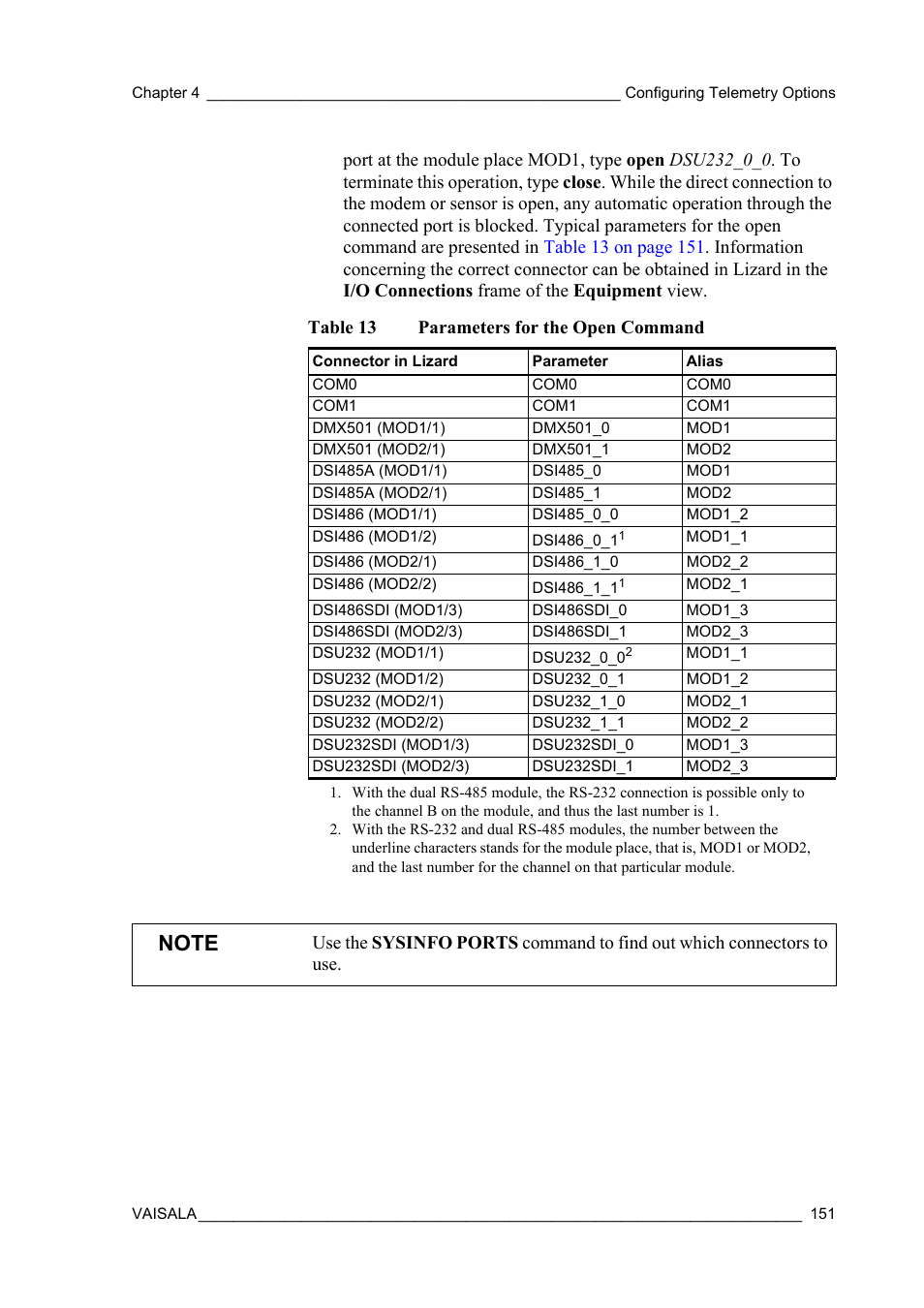 Table 13, Parameters for the open command | Vaisala Hydromet Data Collection Platform User Manual | Page 153 / 384