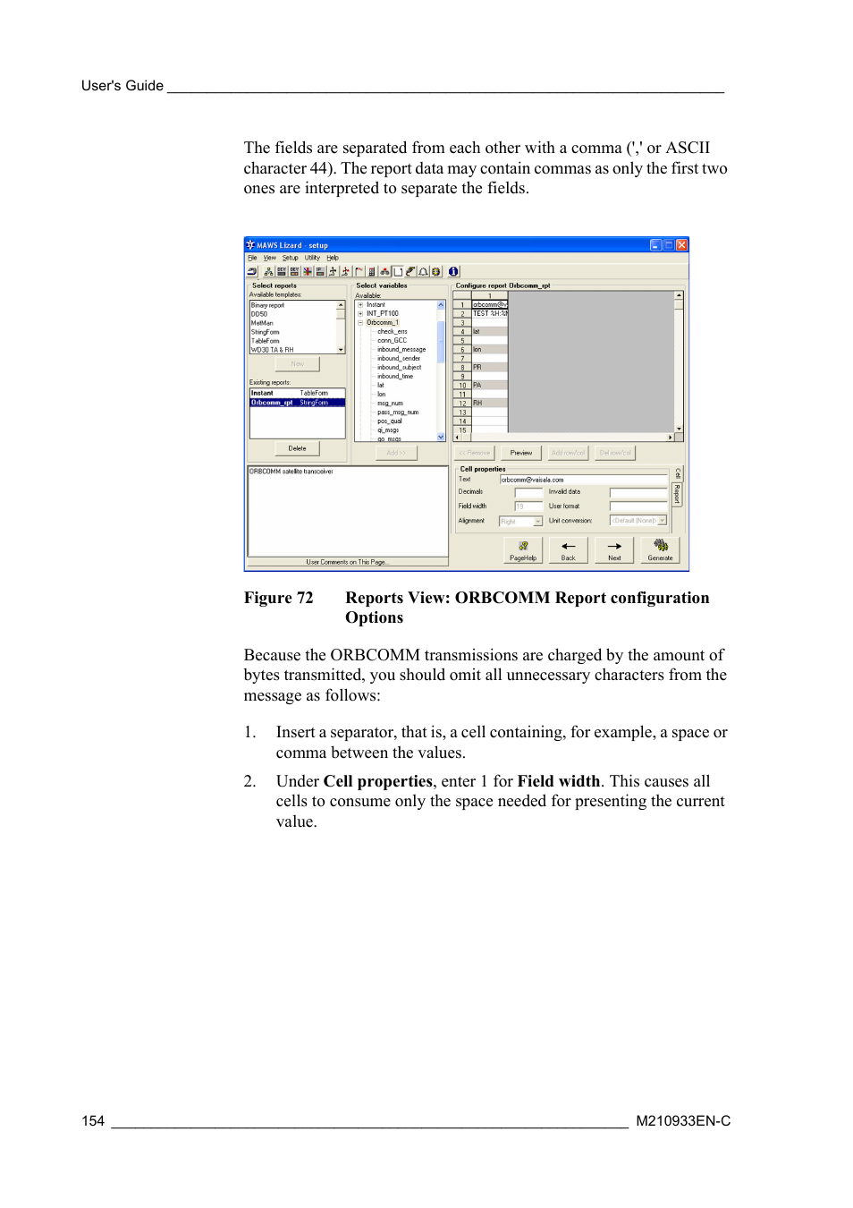 Figure 72, Reports view: orbcomm report configuration options | Vaisala Hydromet Data Collection Platform User Manual | Page 156 / 384