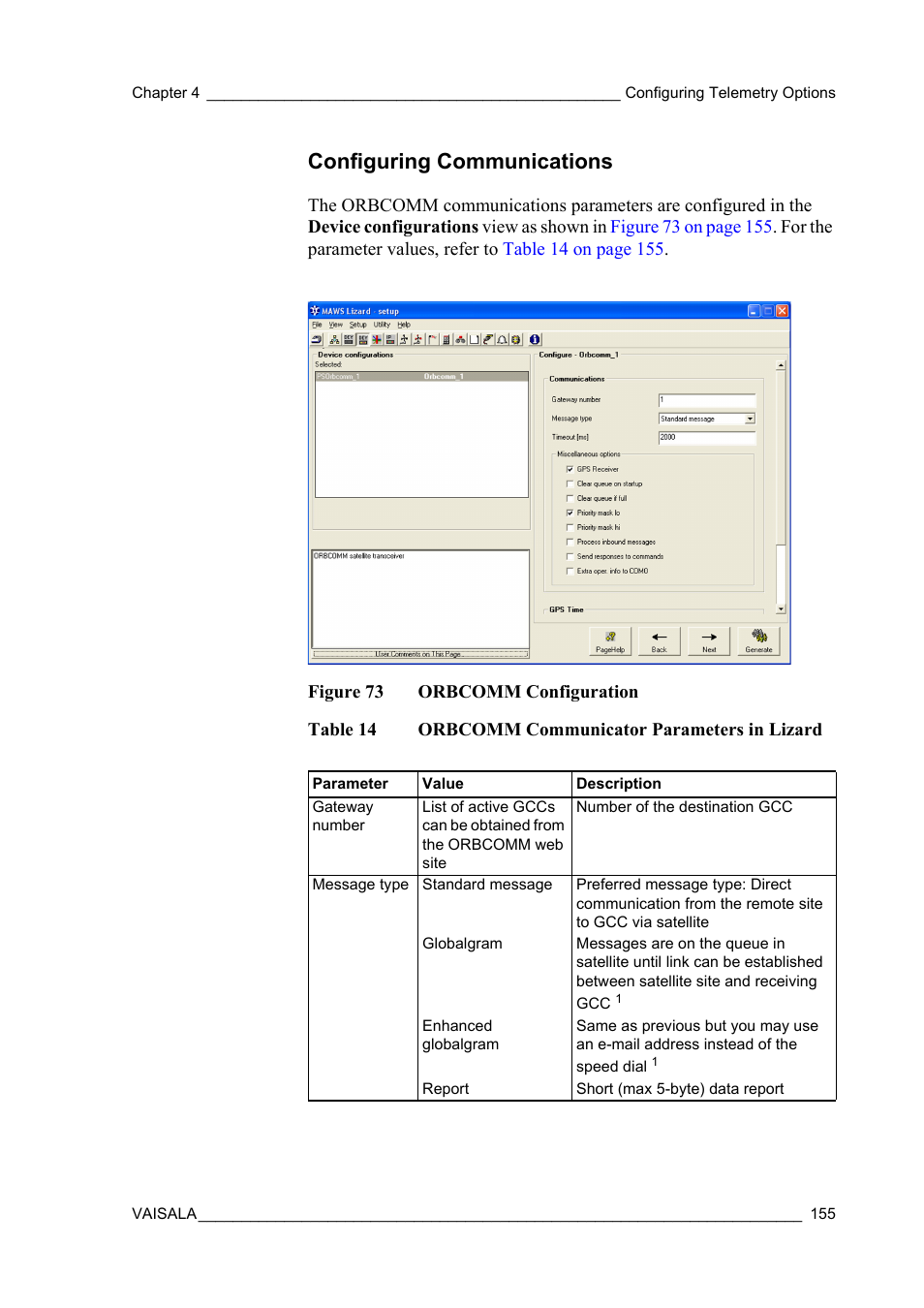Configuring communications, Figure 73, Orbcomm configuration | Table 14, Orbcomm communicator parameters in lizard | Vaisala Hydromet Data Collection Platform User Manual | Page 157 / 384