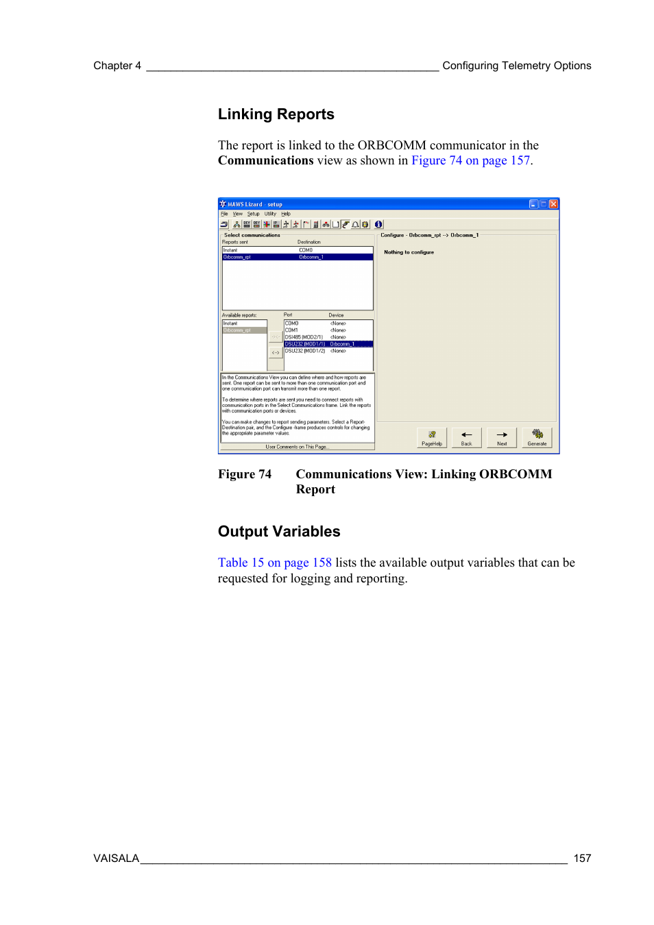 Linking reports, Output variables, Linking reports output variables | Figure 74, Communications view: linking orbcomm report | Vaisala Hydromet Data Collection Platform User Manual | Page 159 / 384