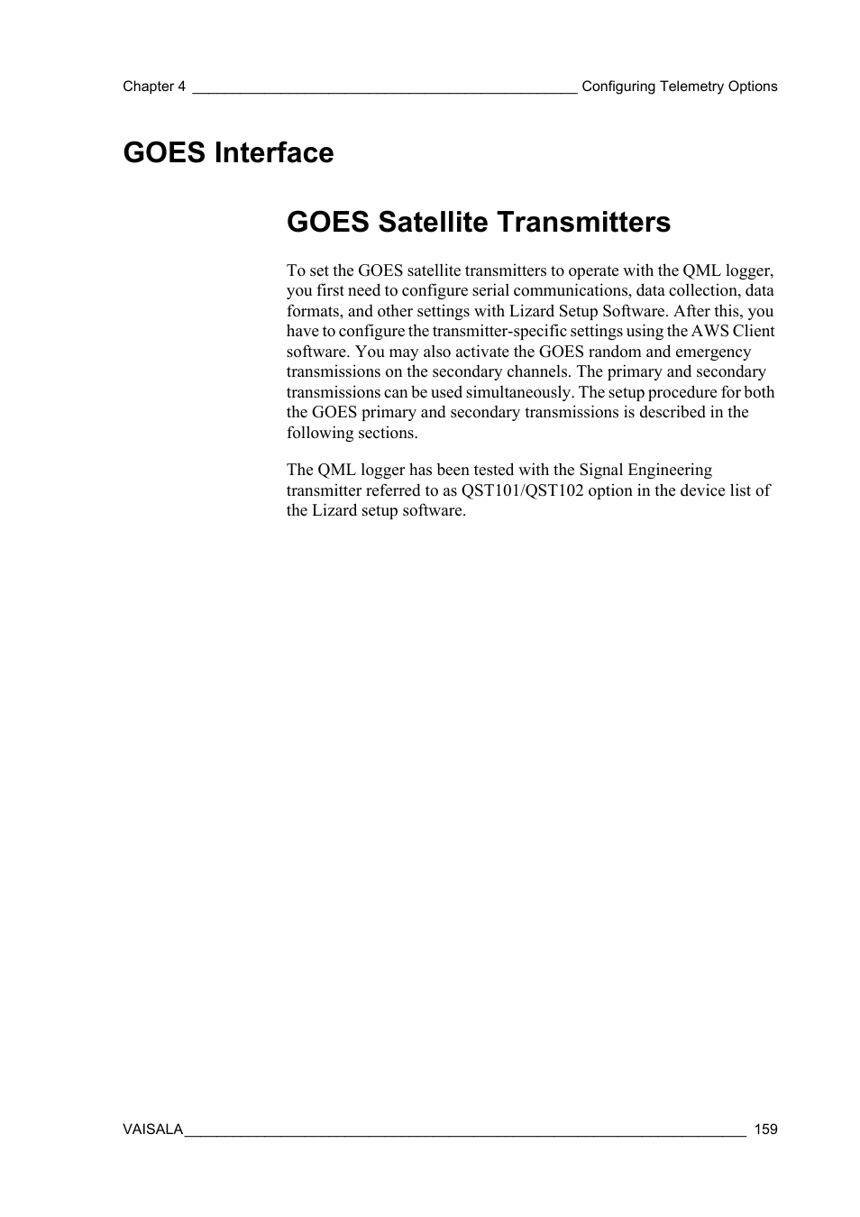 Goes interface, Goes satellite transmitters, Goes interface goes satellite transmitters | Vaisala Hydromet Data Collection Platform User Manual | Page 161 / 384
