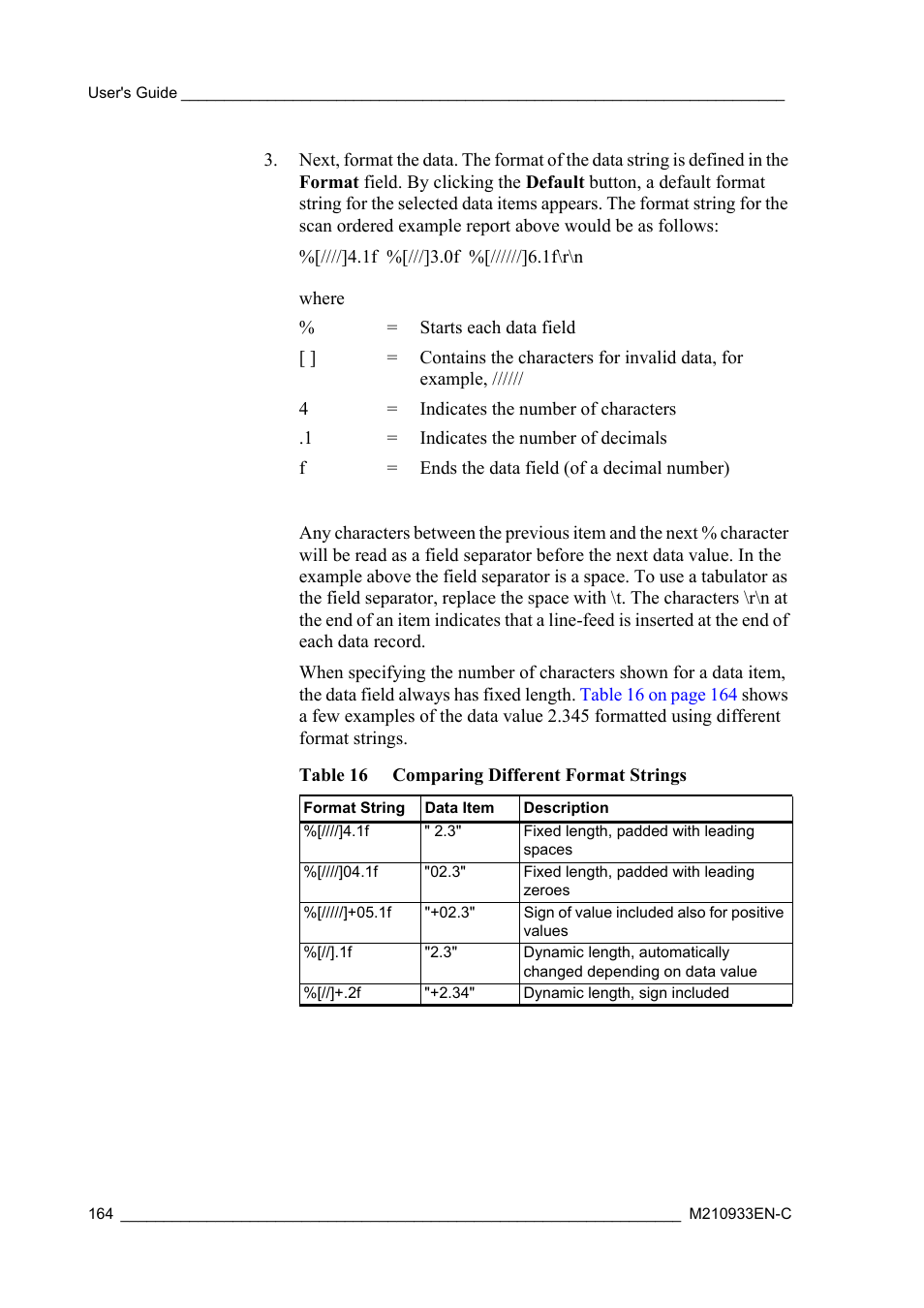Table 16, Comparing different format strings | Vaisala Hydromet Data Collection Platform User Manual | Page 166 / 384