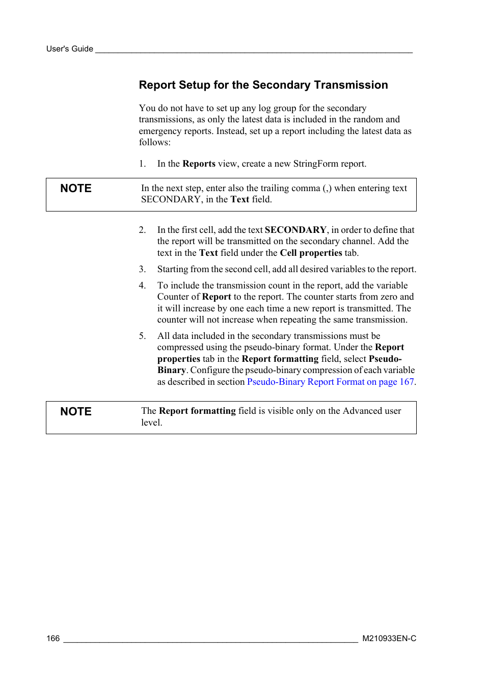 Report setup for the secondary transmission | Vaisala Hydromet Data Collection Platform User Manual | Page 168 / 384