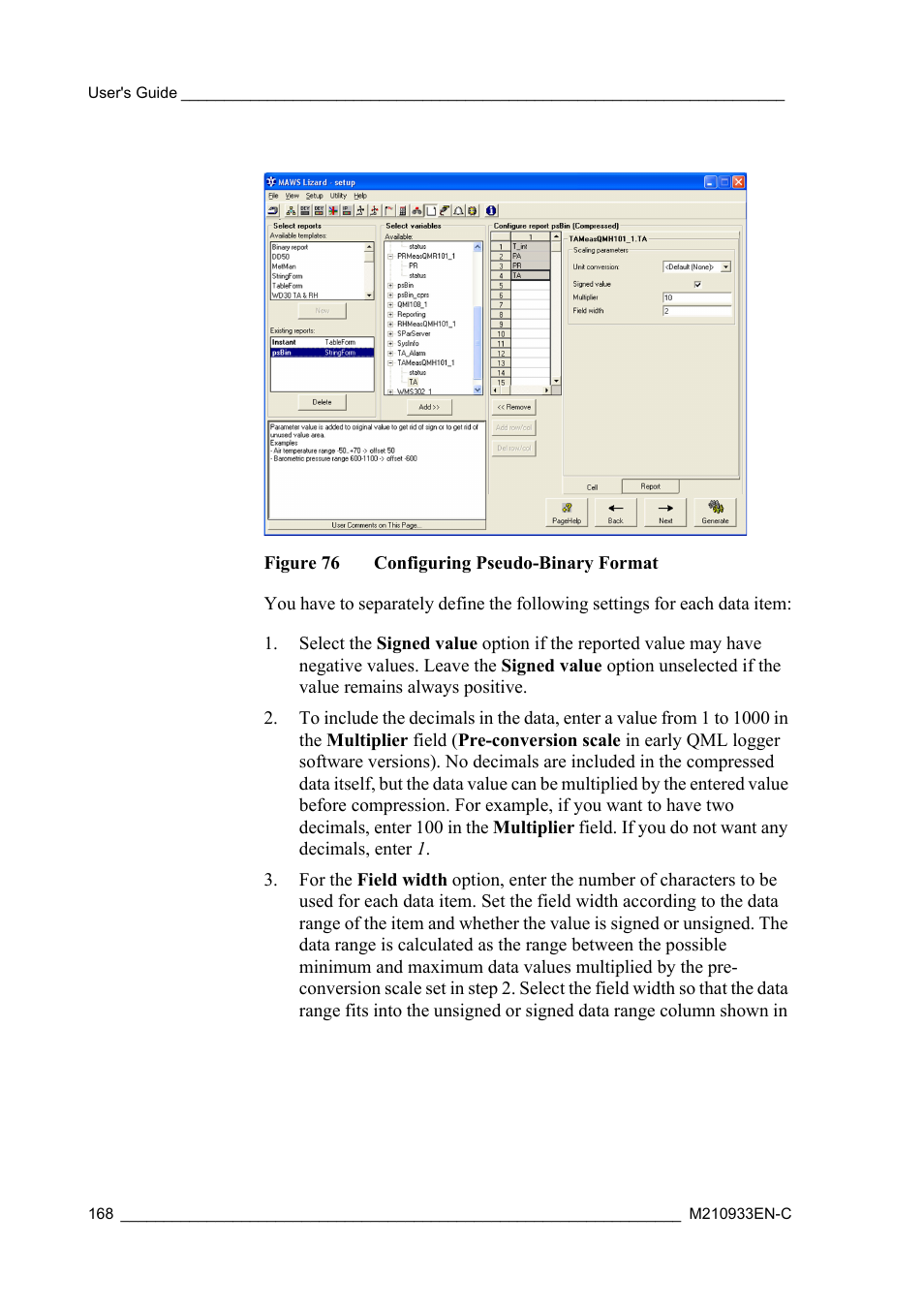 Figure 76, Configuring pseudo-binary format | Vaisala Hydromet Data Collection Platform User Manual | Page 170 / 384