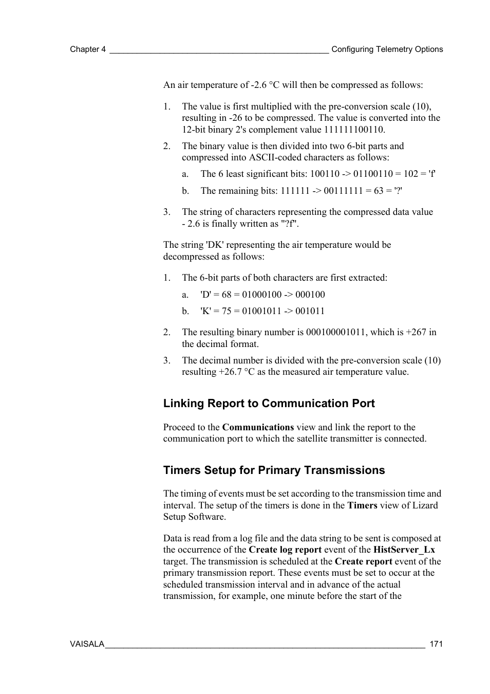 Linking report to communication port, Timers setup for primary transmissions | Vaisala Hydromet Data Collection Platform User Manual | Page 173 / 384