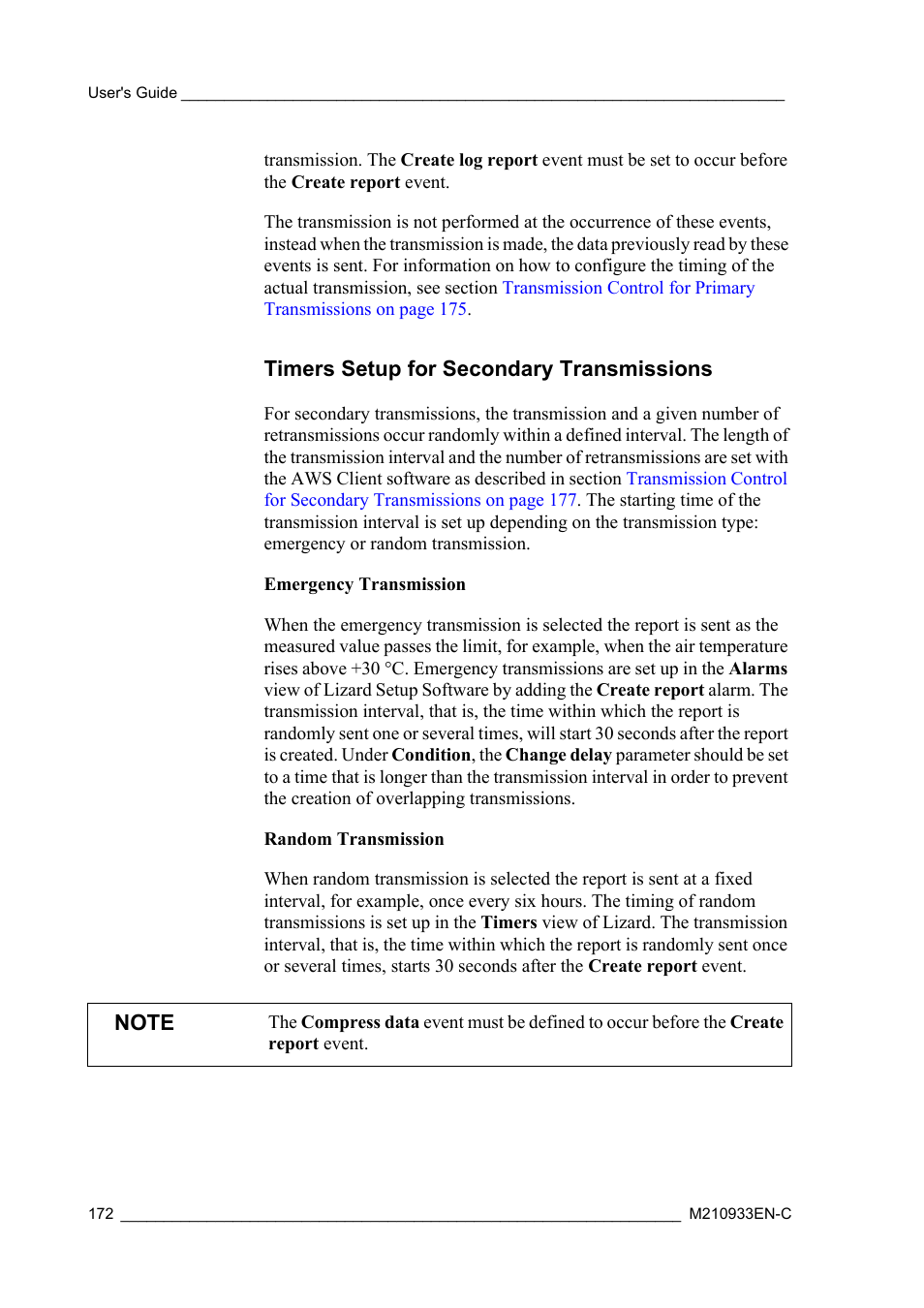 Timers setup for secondary transmissions | Vaisala Hydromet Data Collection Platform User Manual | Page 174 / 384