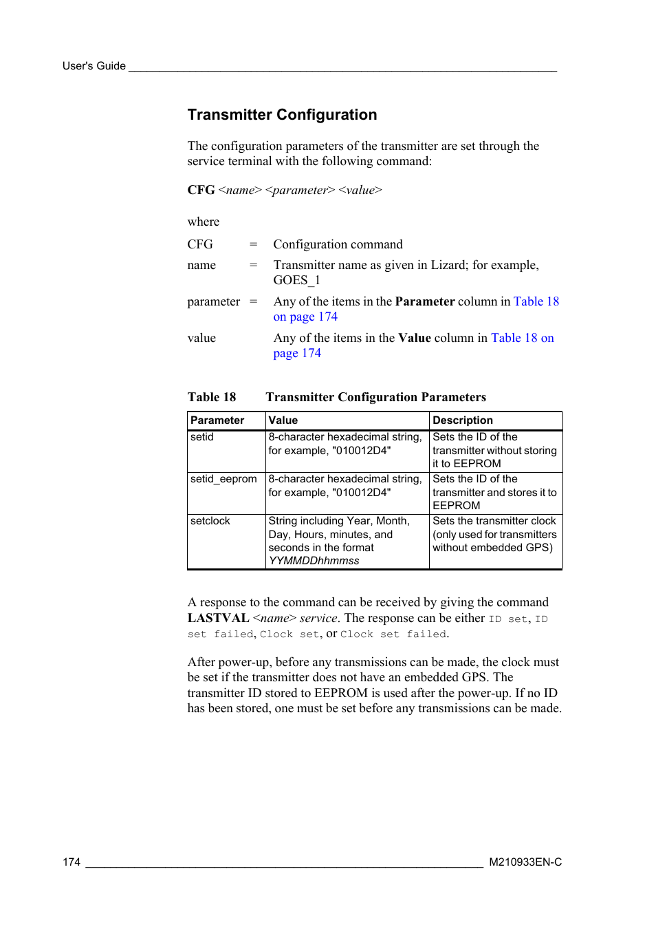 Transmitter configuration, Table 18, Transmitter configuration parameters | Vaisala Hydromet Data Collection Platform User Manual | Page 176 / 384