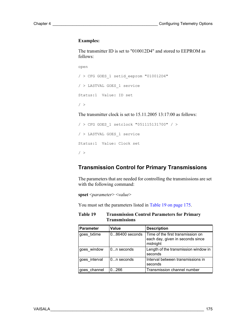 Transmission control for primary transmissions, Table 19, Transmission control for primary | Vaisala Hydromet Data Collection Platform User Manual | Page 177 / 384