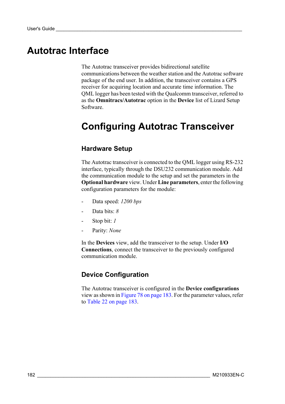 Autotrac interface, Configuring autotrac transceiver, Hardware setup | Device configuration, Hardware setup device configuration | Vaisala Hydromet Data Collection Platform User Manual | Page 184 / 384