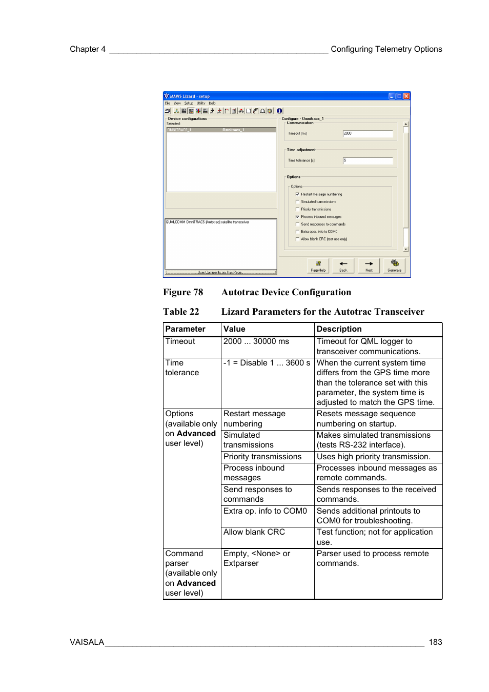Figure 78, Autotrac device configuration, Table 22 | Lizard parameters for the autotrac transceiver | Vaisala Hydromet Data Collection Platform User Manual | Page 185 / 384