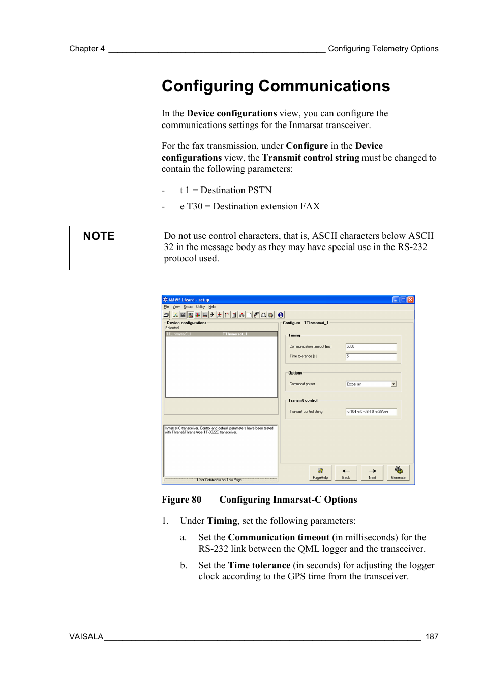 Configuring communications, Figure 80, Configuring inmarsat-c options | Vaisala Hydromet Data Collection Platform User Manual | Page 189 / 384