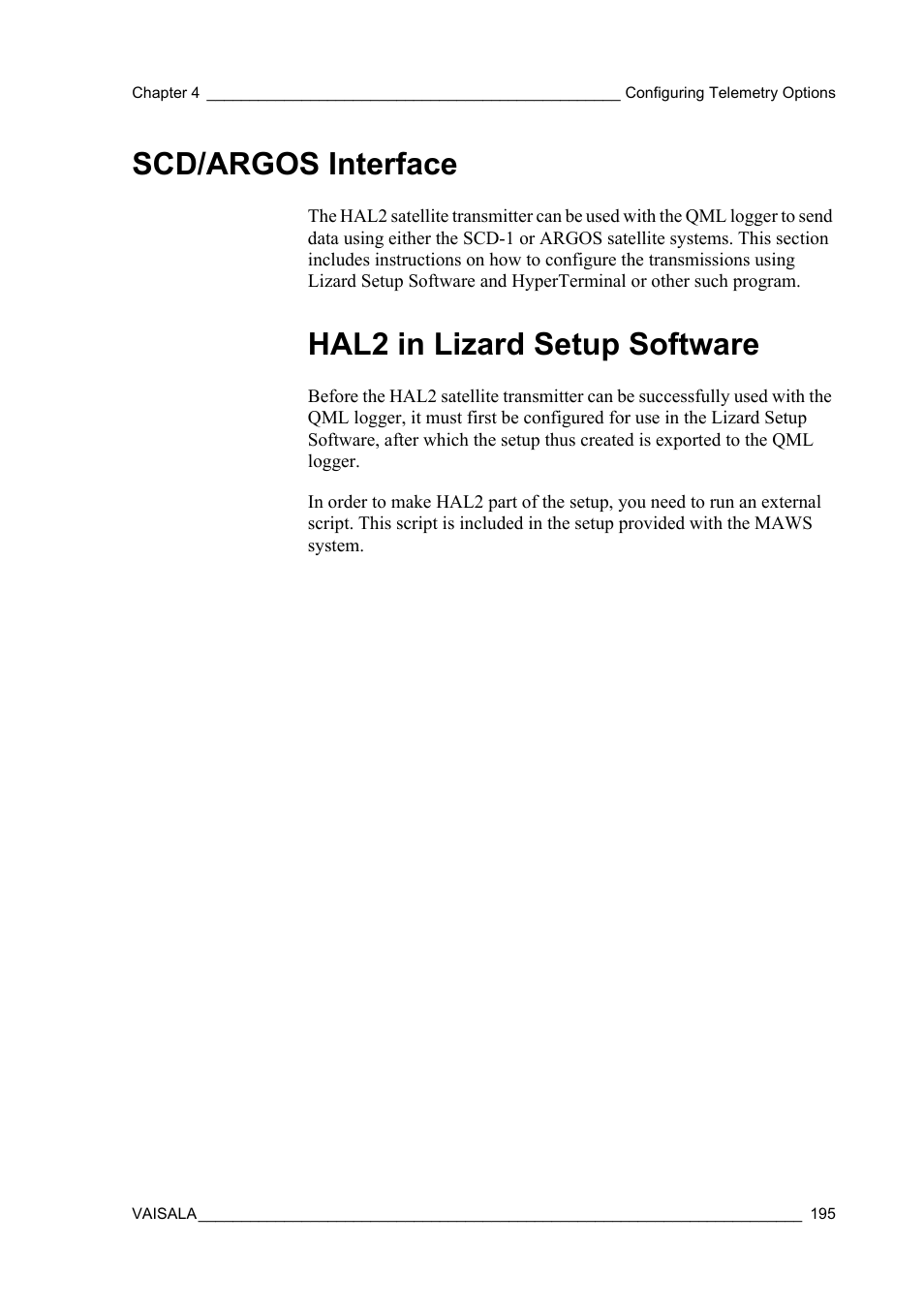Scd/argos interface, Hal2 in lizard setup software | Vaisala Hydromet Data Collection Platform User Manual | Page 197 / 384
