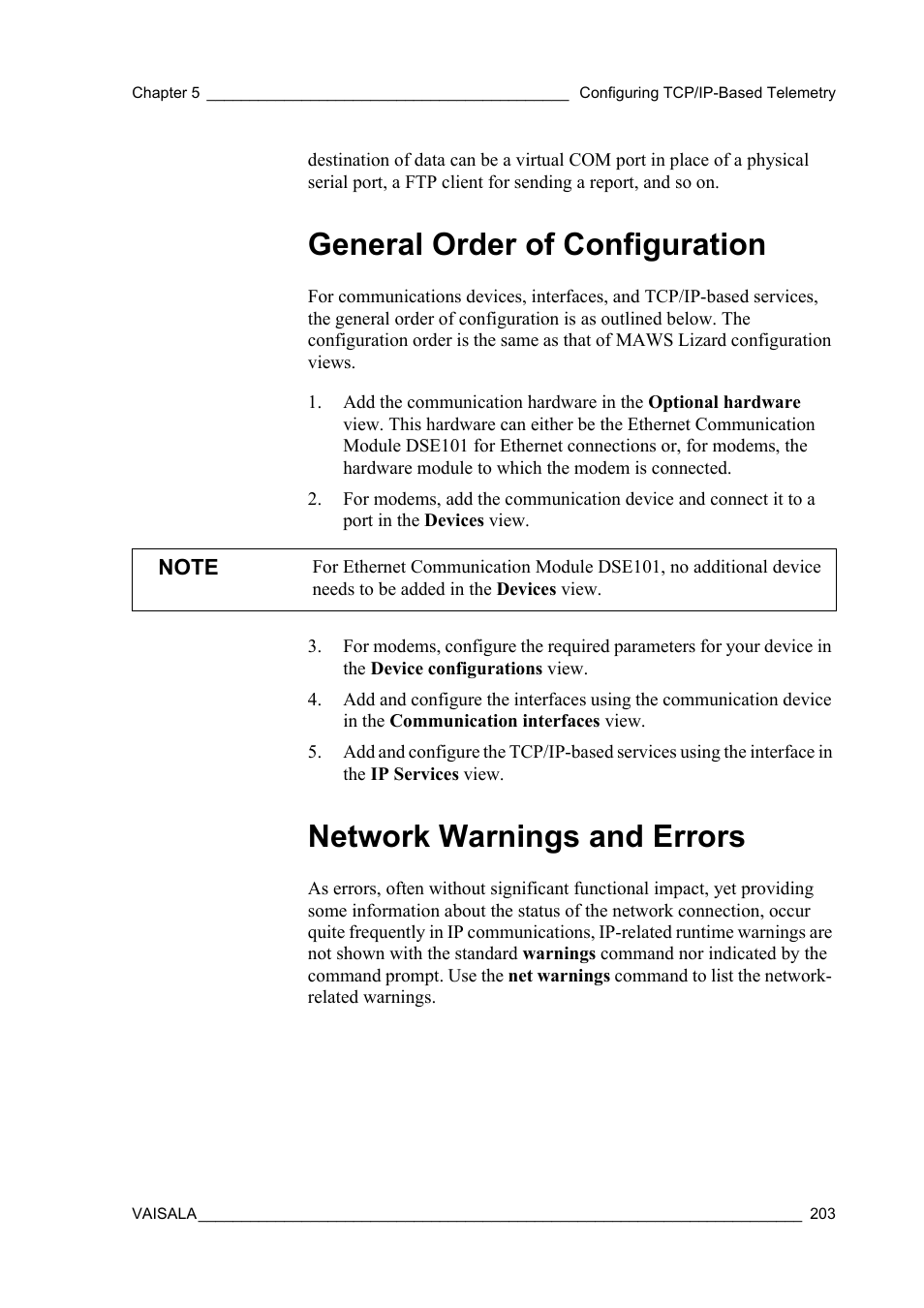 General order of configuration, Network warnings and errors | Vaisala Hydromet Data Collection Platform User Manual | Page 205 / 384