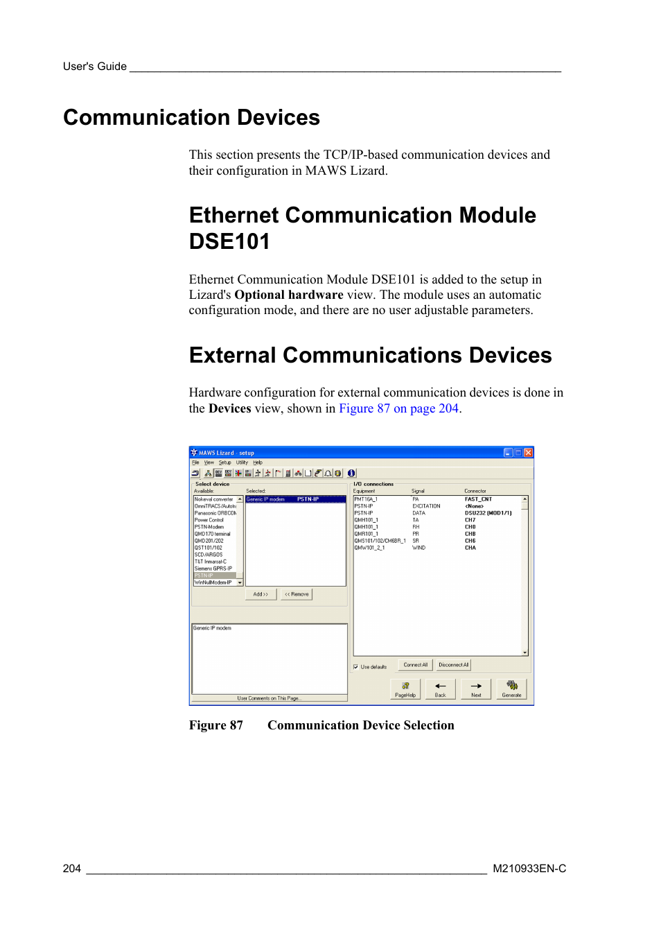 Communication devices, Ethernet communication module dse101, External communications devices | Figure 87, Communication device selection | Vaisala Hydromet Data Collection Platform User Manual | Page 206 / 384