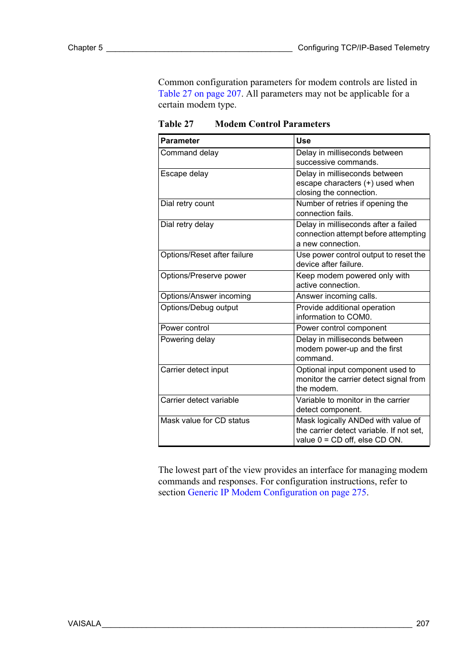 Table 27, Modem control parameters | Vaisala Hydromet Data Collection Platform User Manual | Page 209 / 384