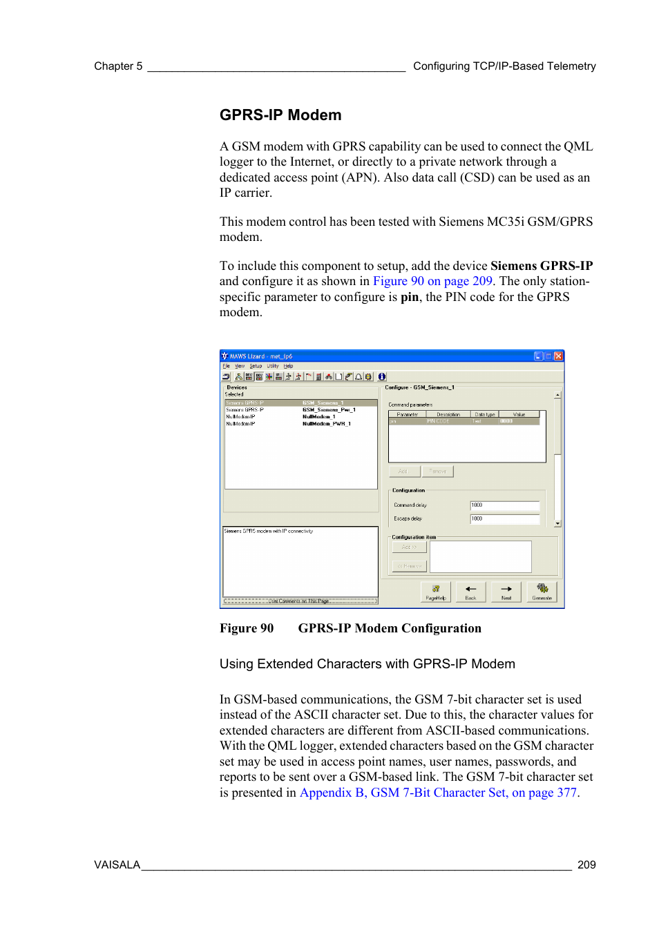 Gprs-ip modem, Using extended characters with gprs-ip modem, Figure 90 | Gprs-ip modem configuration | Vaisala Hydromet Data Collection Platform User Manual | Page 211 / 384