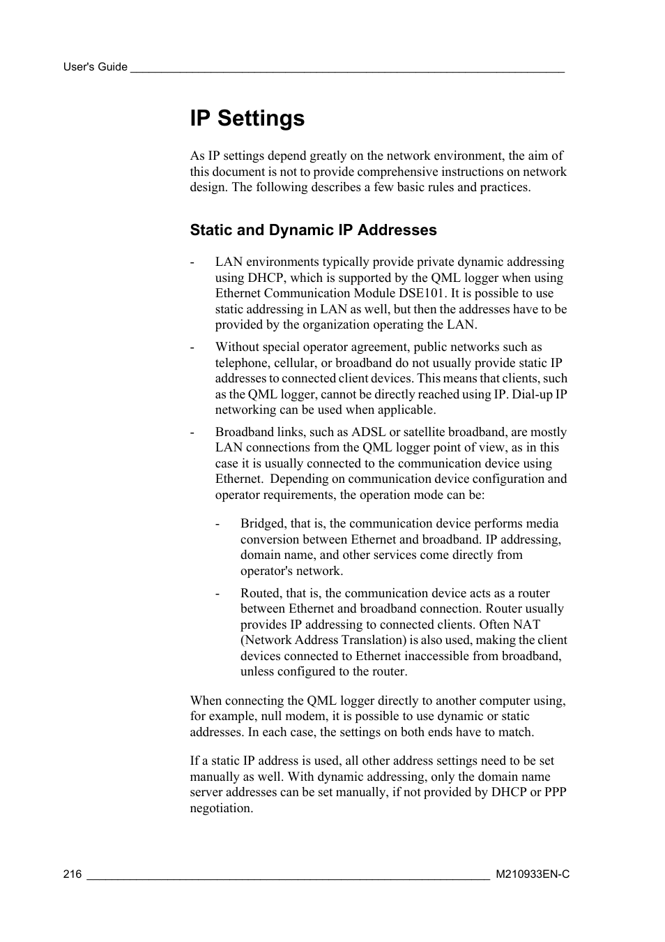 Ip settings, Static and dynamic ip addresses | Vaisala Hydromet Data Collection Platform User Manual | Page 218 / 384