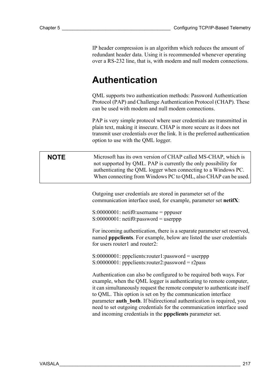 Authentication | Vaisala Hydromet Data Collection Platform User Manual | Page 219 / 384