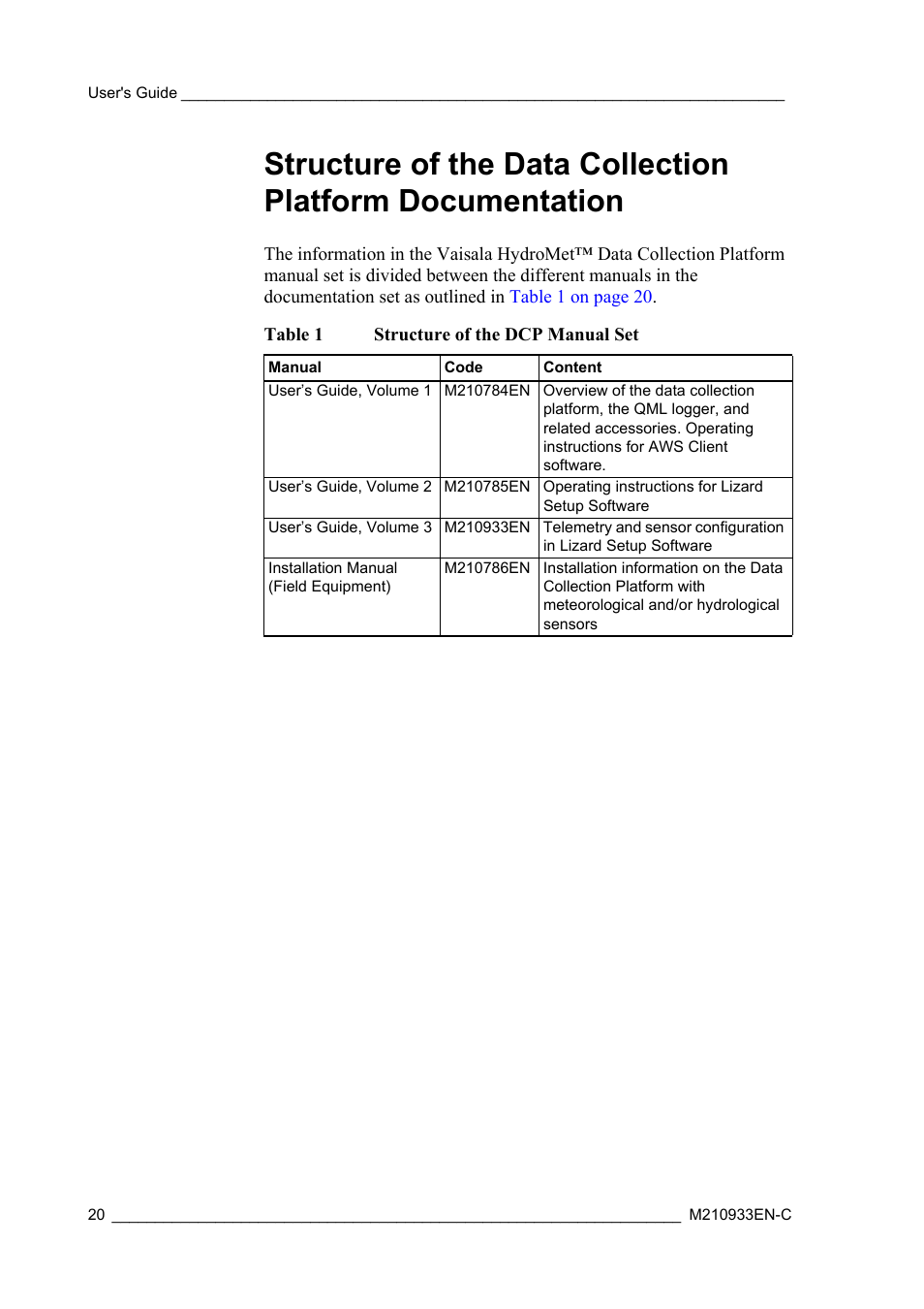 Table 1, Structure of the dcp manual set | Vaisala Hydromet Data Collection Platform User Manual | Page 22 / 384