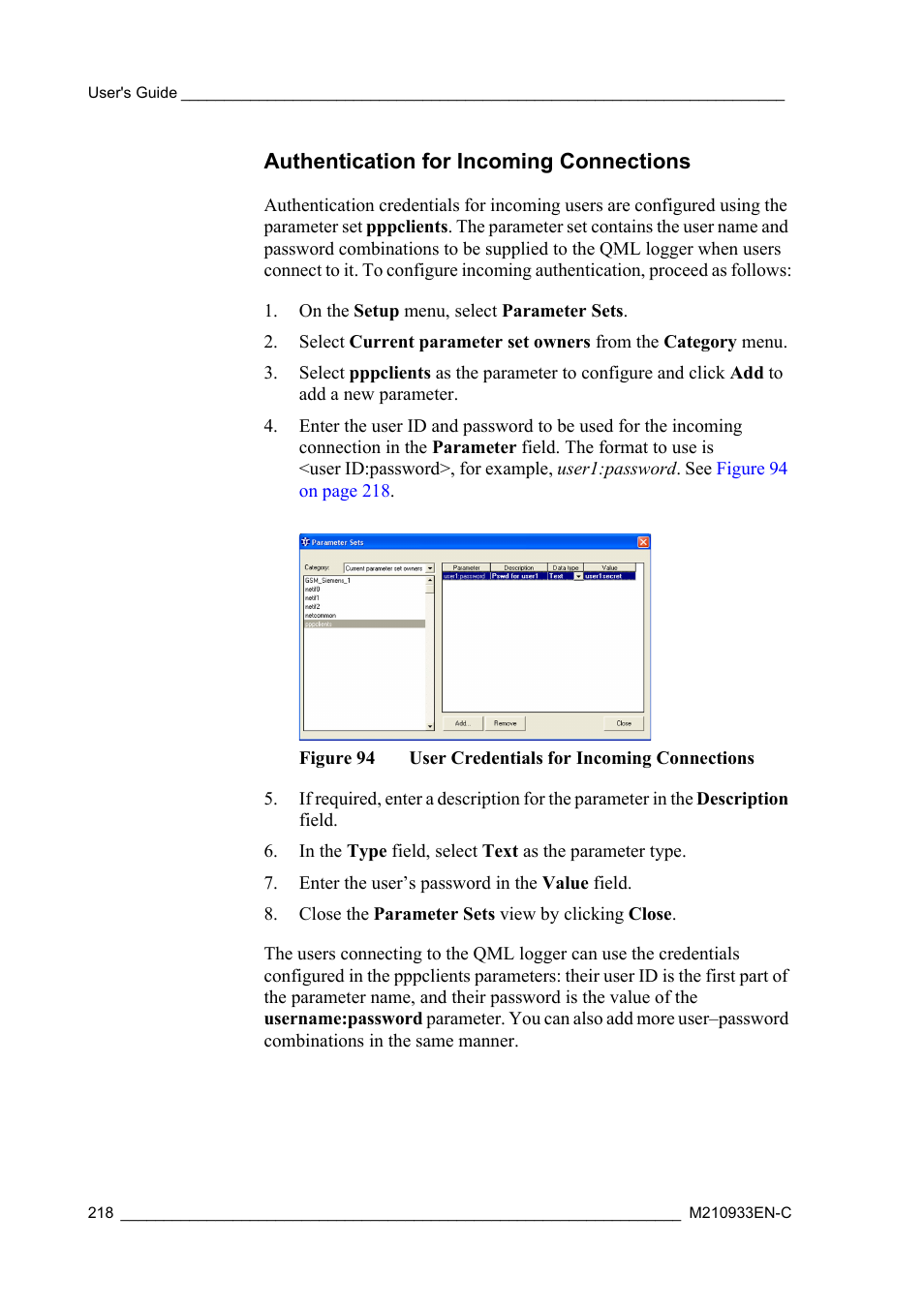 Authentication for incoming connections, Figure 94, User credentials for incoming connections | Vaisala Hydromet Data Collection Platform User Manual | Page 220 / 384