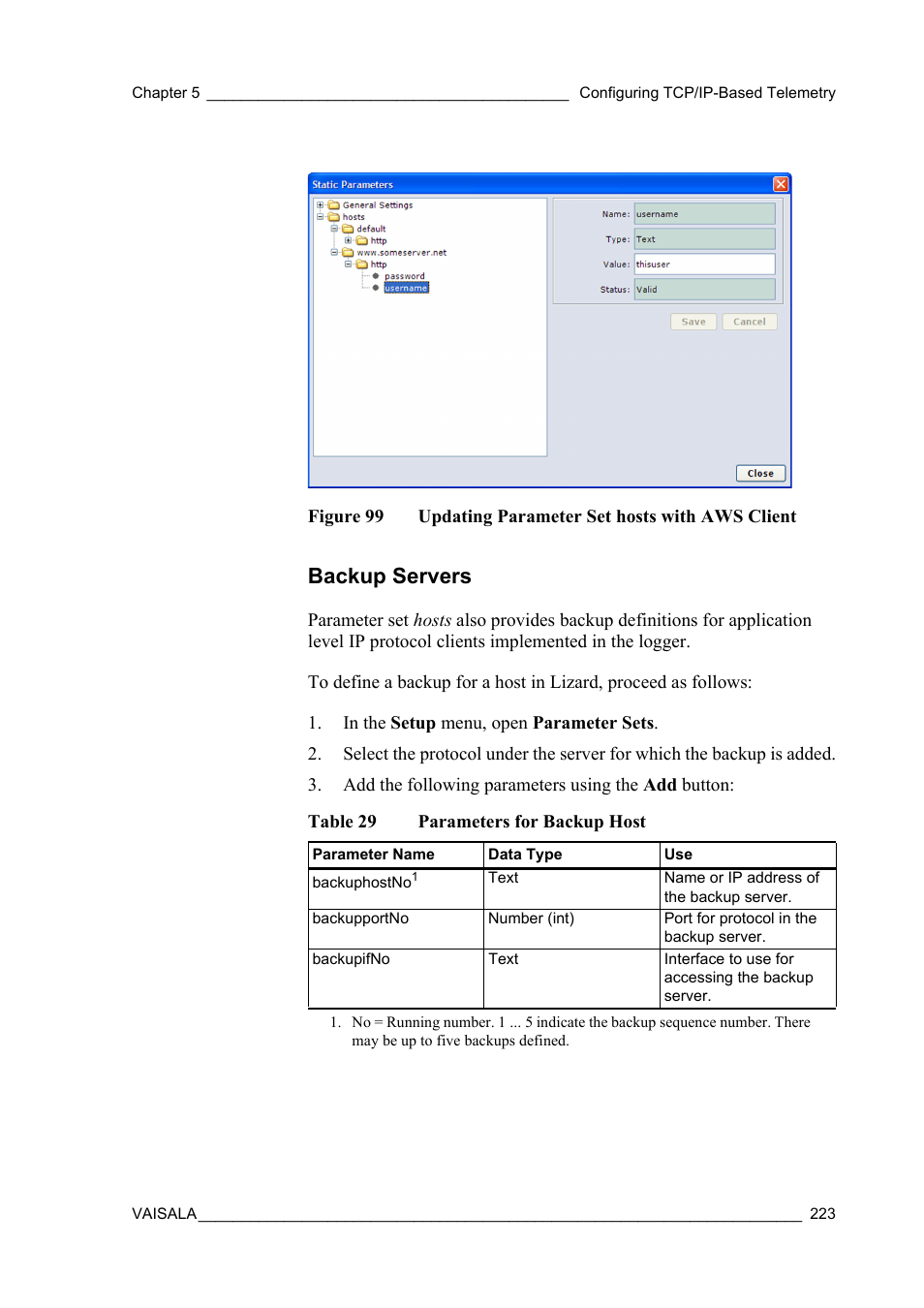 Backup servers, Figure 99, Updating parameter set hosts with aws client | Table 29, Parameters for backup host | Vaisala Hydromet Data Collection Platform User Manual | Page 225 / 384