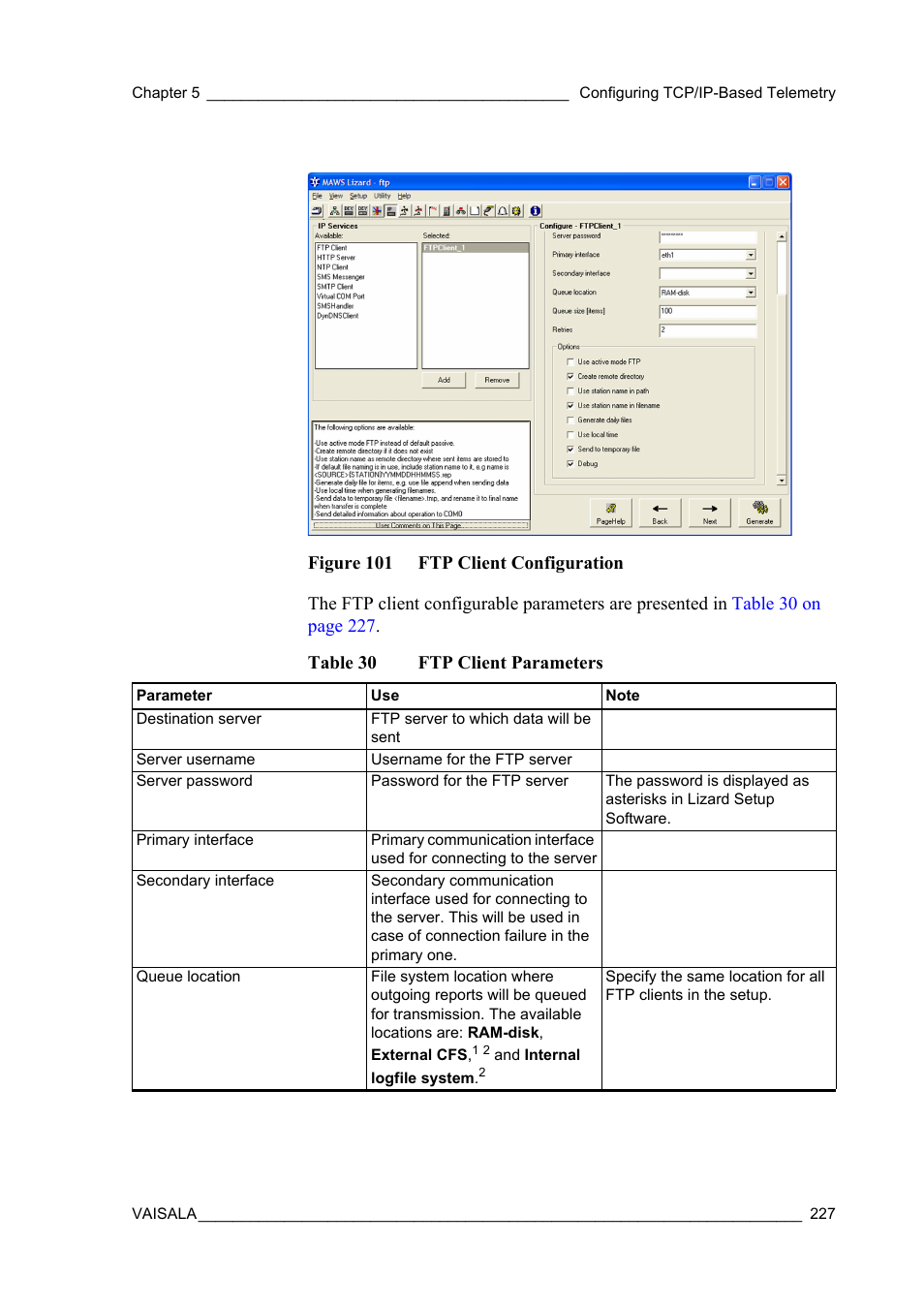 Figure 101 ftp client configuration, Table 30, Ftp client parameters | As shown in, Report and log file -specific | Vaisala Hydromet Data Collection Platform User Manual | Page 229 / 384