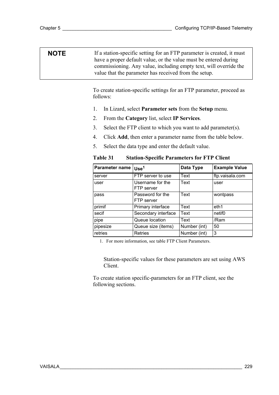 Table 31, Station-specific parameters for ftp client | Vaisala Hydromet Data Collection Platform User Manual | Page 231 / 384