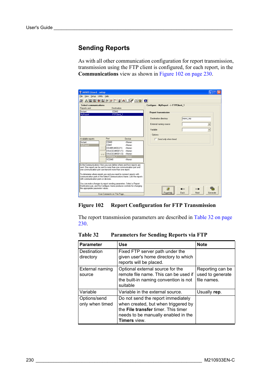 Sending reports, Table 32, Parameters for sending reports via ftp | Sections, Sending reports on | Vaisala Hydromet Data Collection Platform User Manual | Page 232 / 384